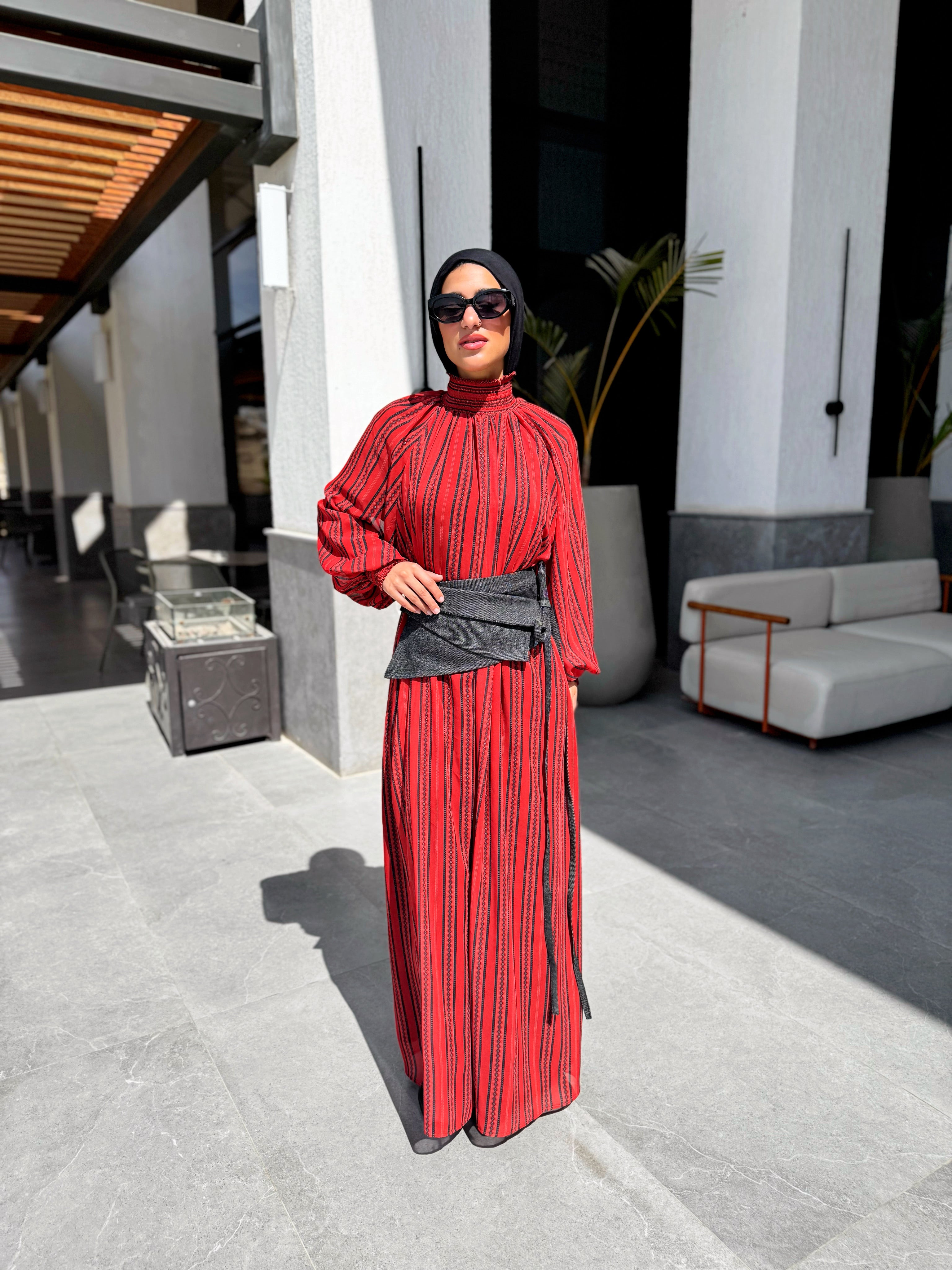 Chiffon Dress With Denim Belt - Orange