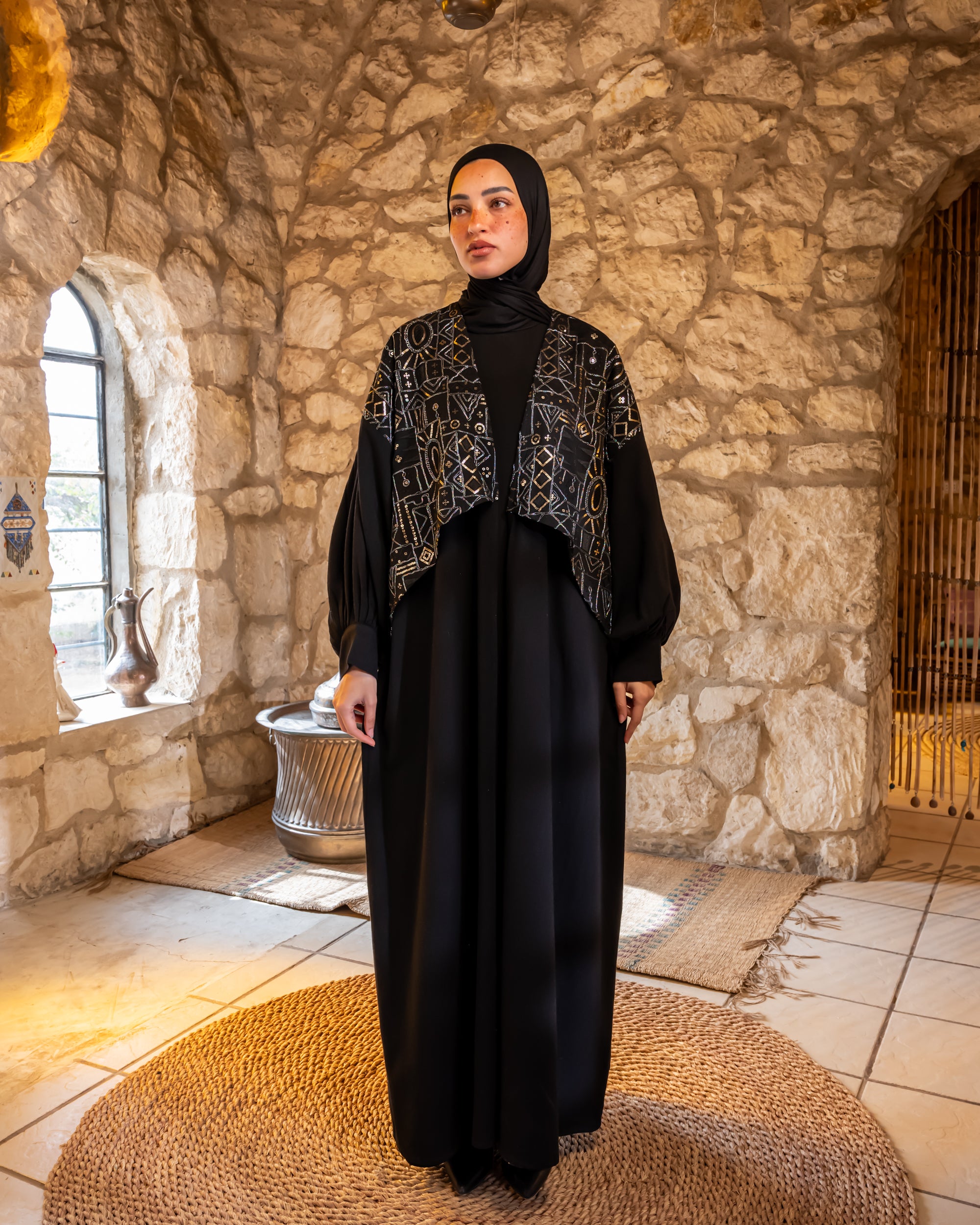Embroidered Linen Kaftan - Black (available at stores)