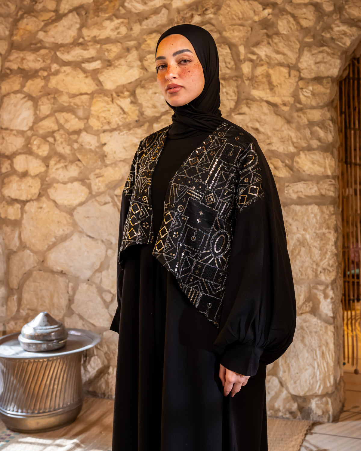 Embroidered Linen Kaftan - Black (available at stores)