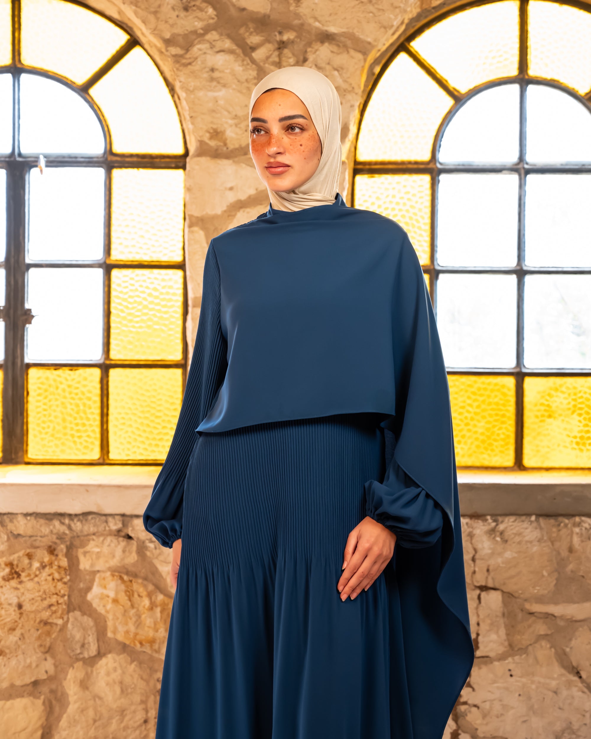 Accordion With Scarf Abaya - Blue