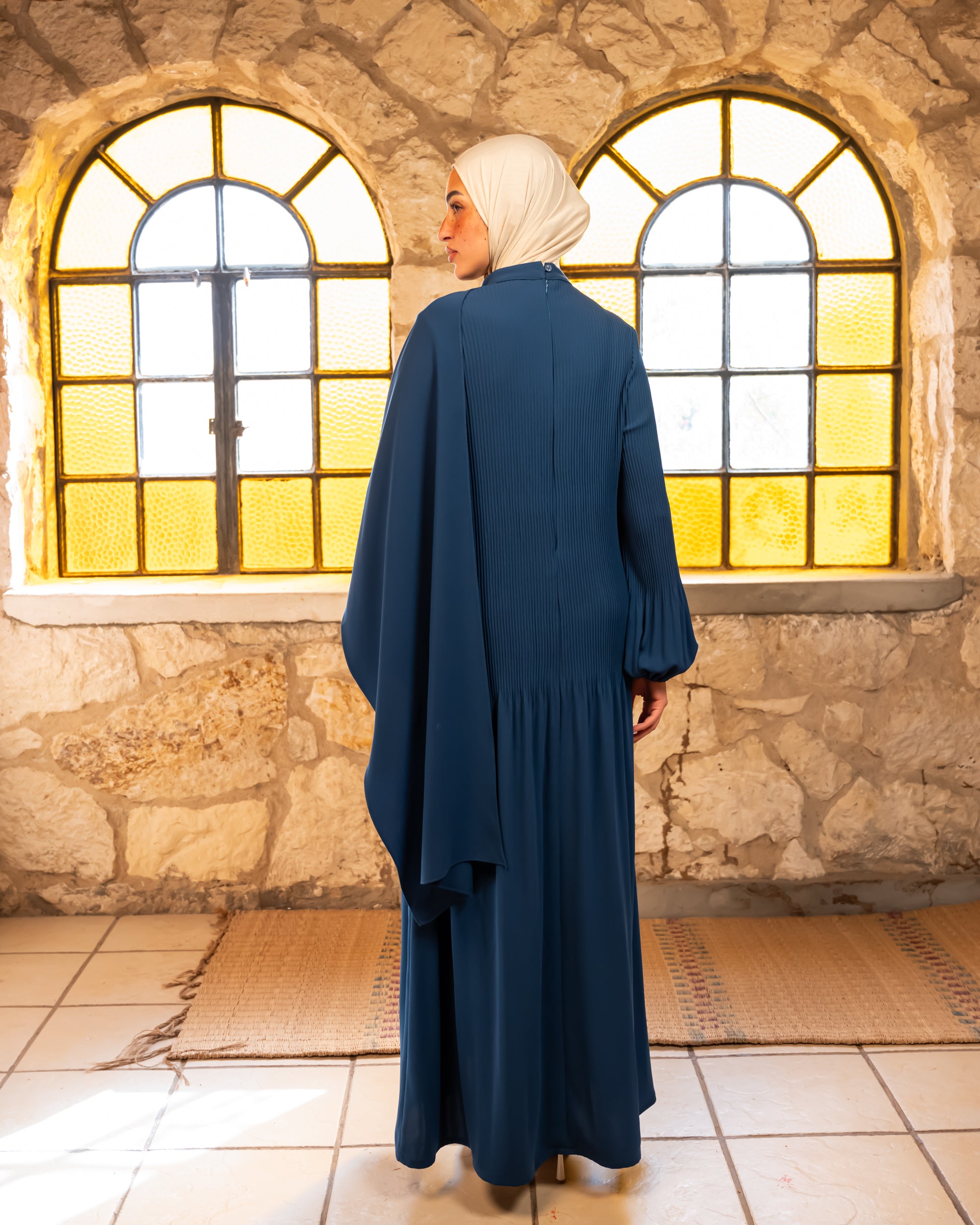 Accordion With Scarf Abaya - Blue