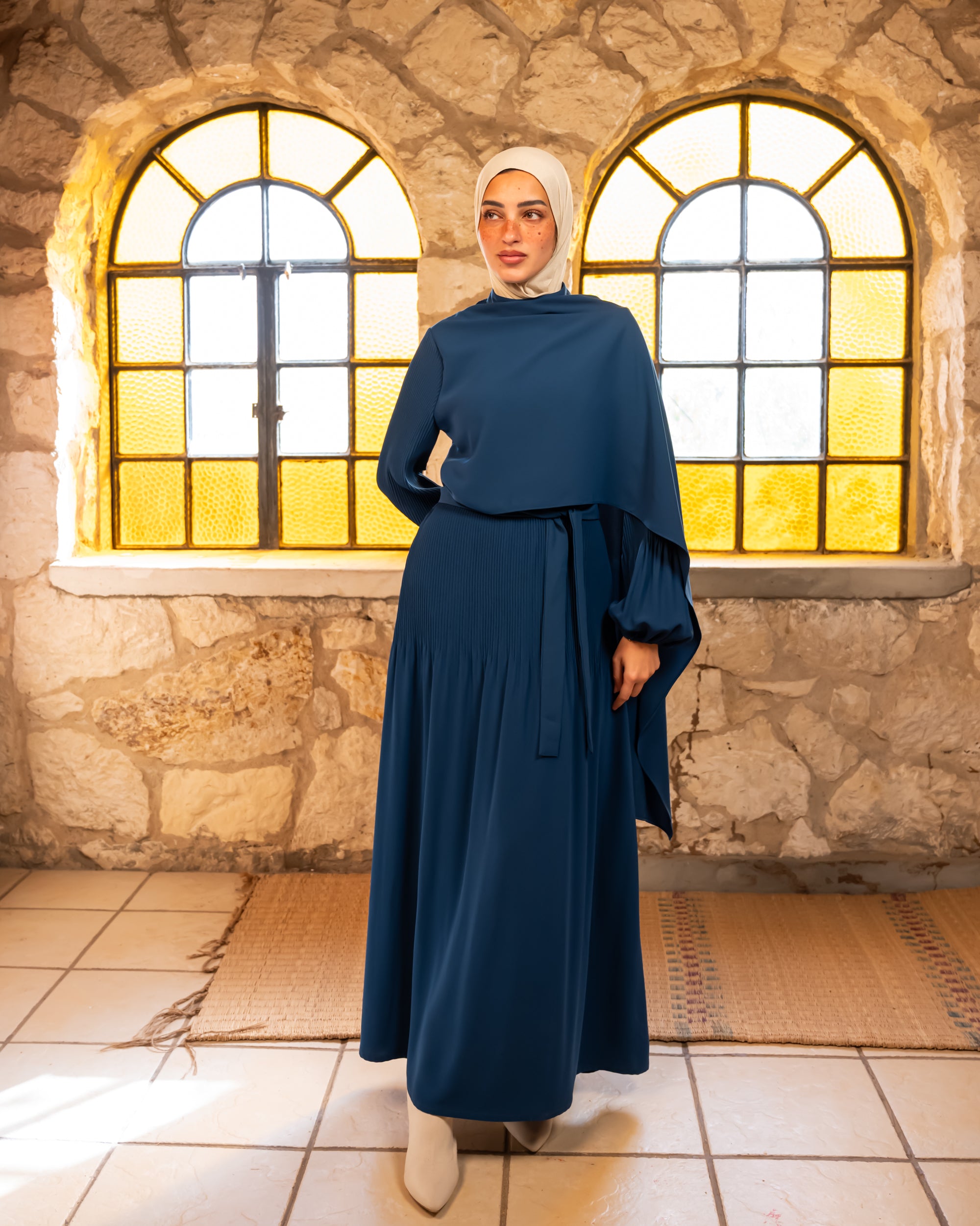 Accordion With Scarf Abaya - Blue