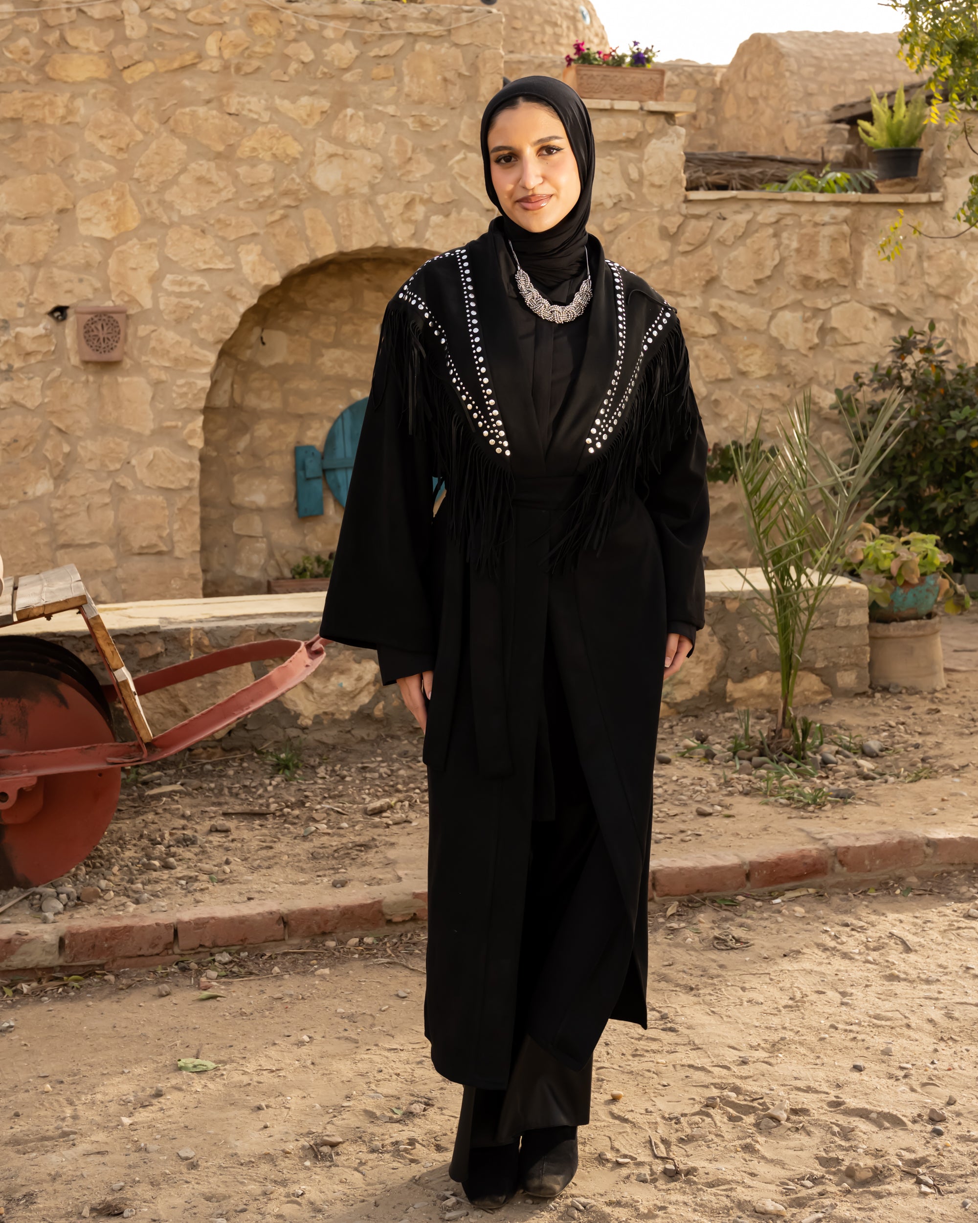 Fringed Cardigan With Studs - Black