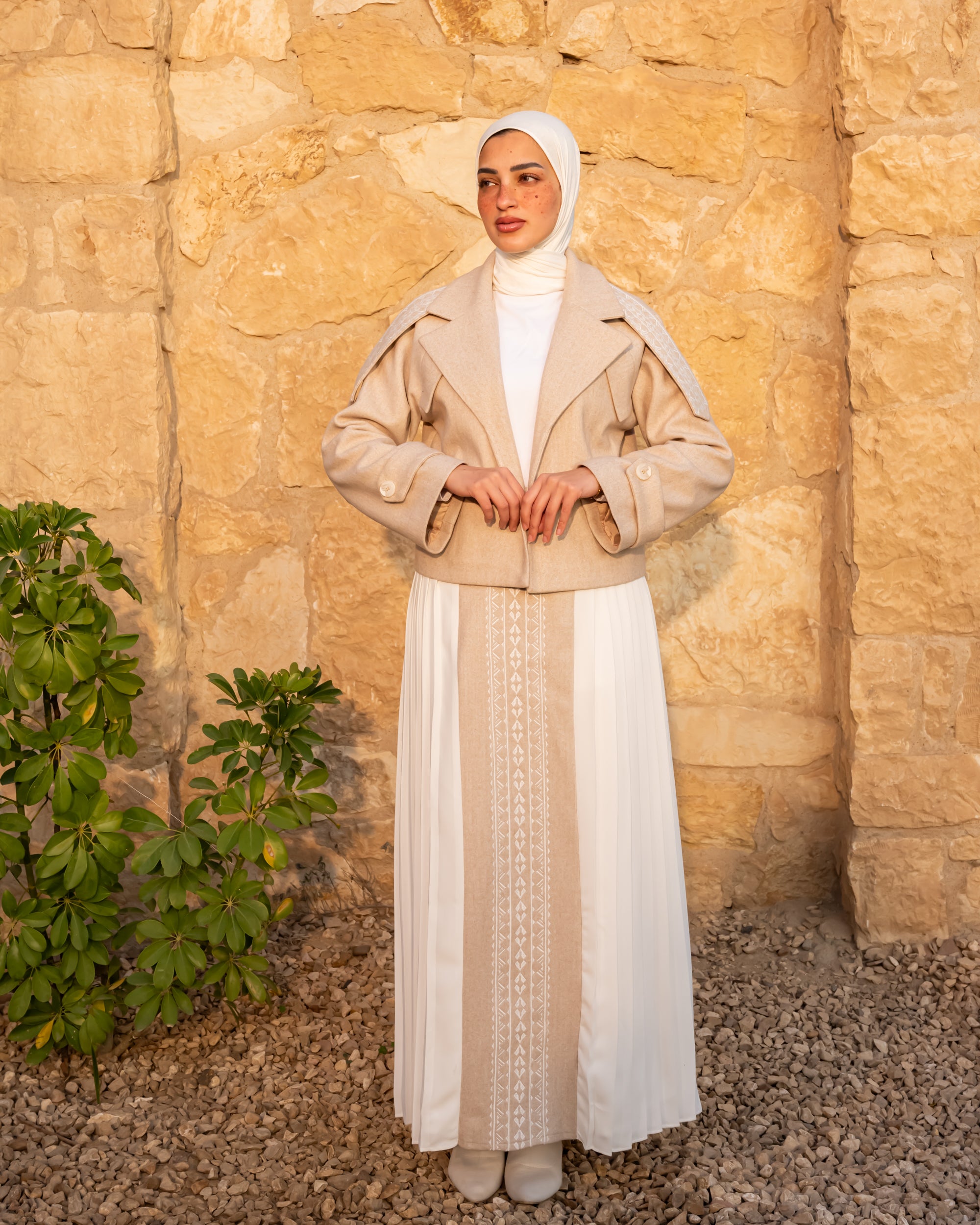 Felt Embroidered Skirt-Beige