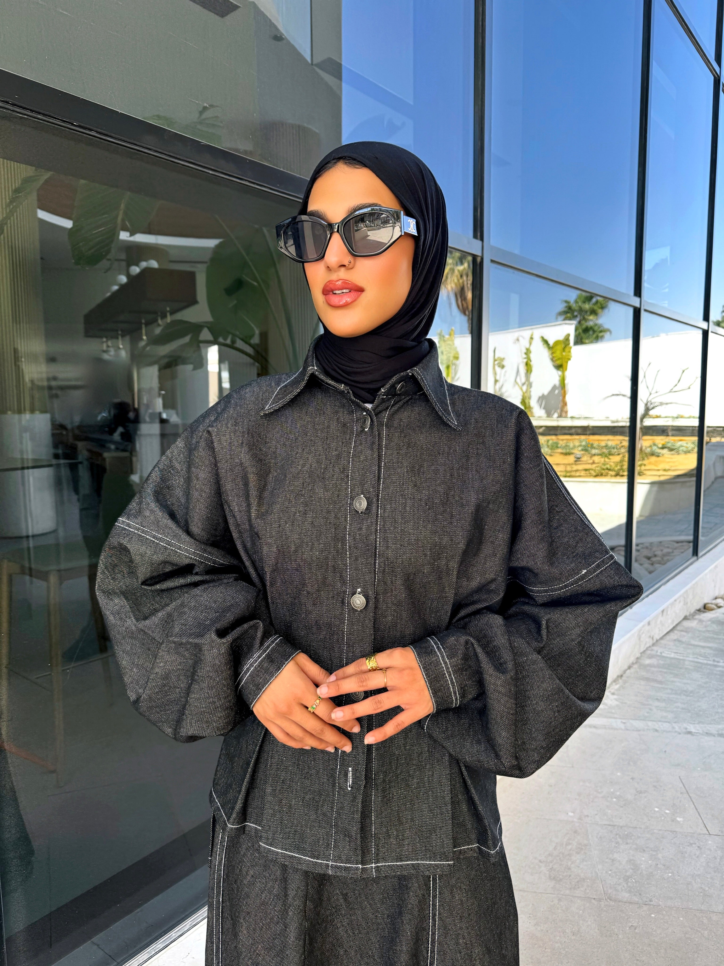 Denim Stitched Blouse - Black