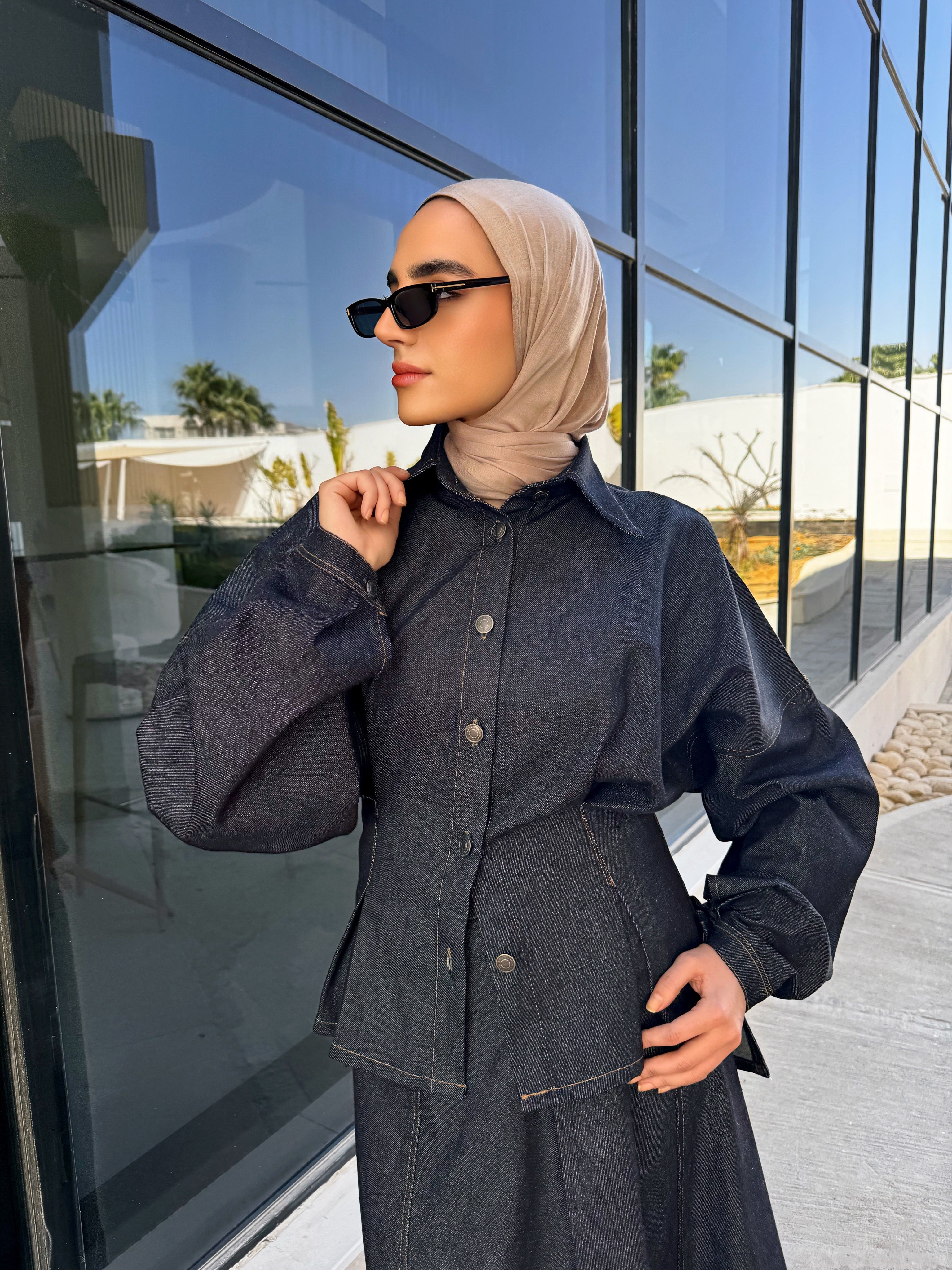 Denim Stitched Blouse - Dark Blue