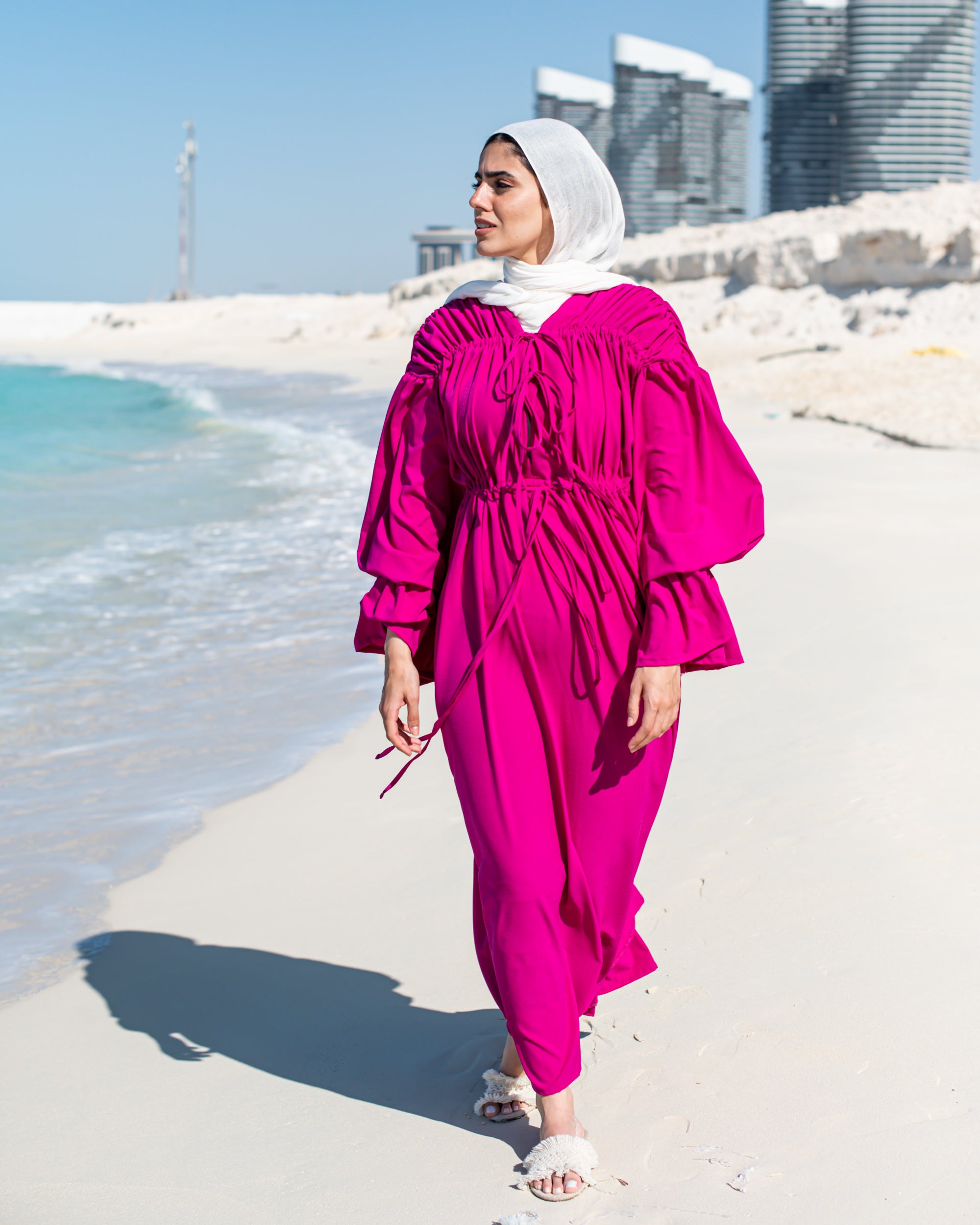 Gathered Shoulders Dress-Magenta