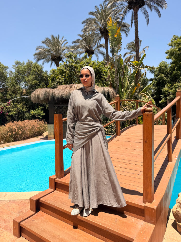 Panels Skirt With Scarf -Grey
