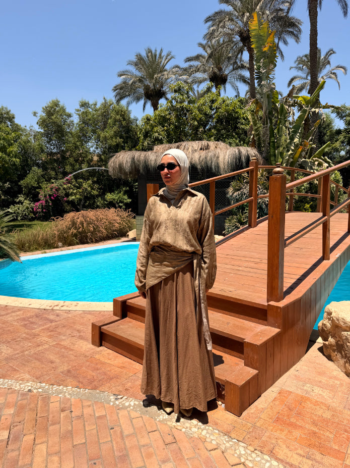 Panels Skirt With Scarf -Brown