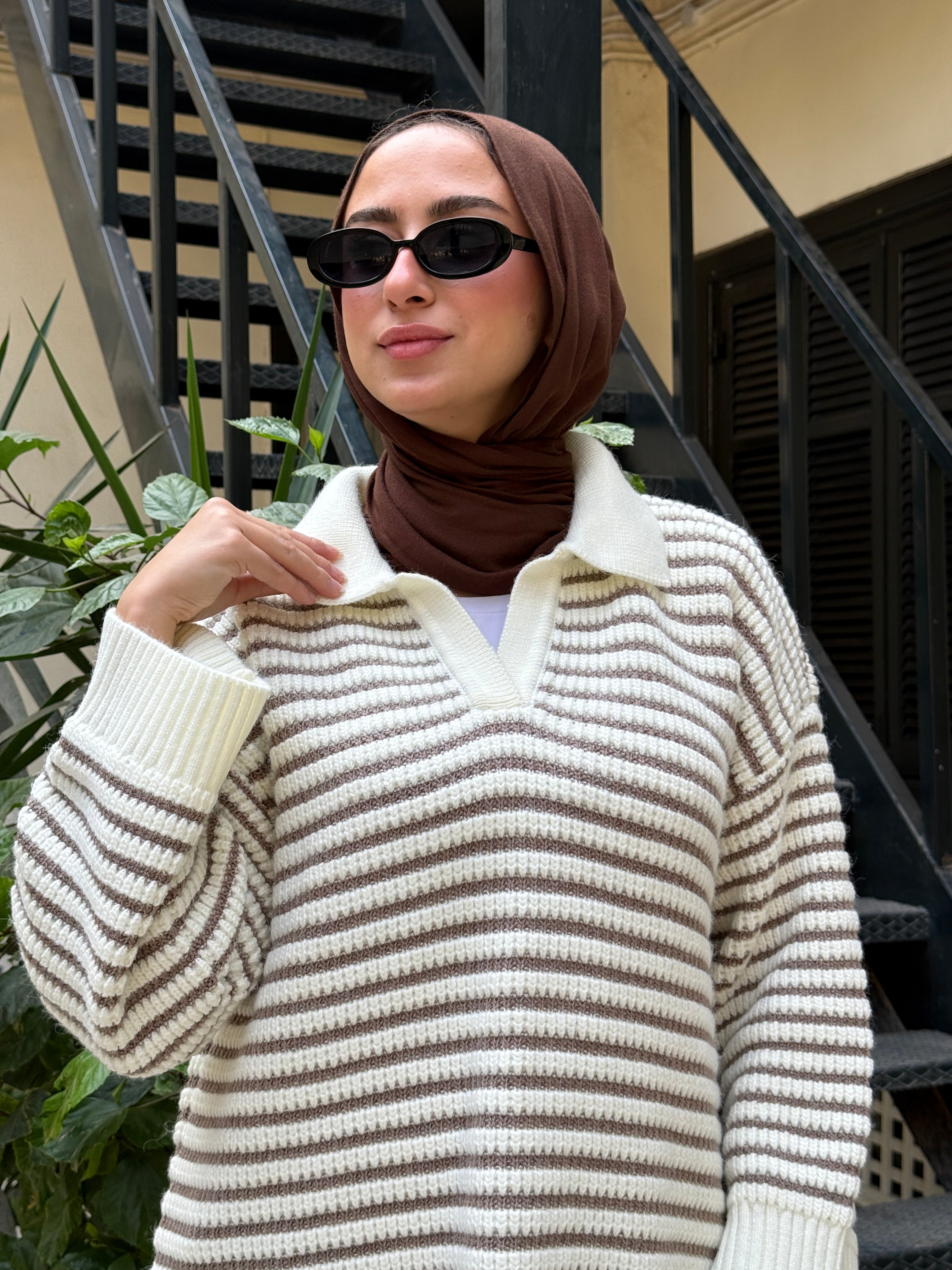 Striped Oversize Pullover - Cafe