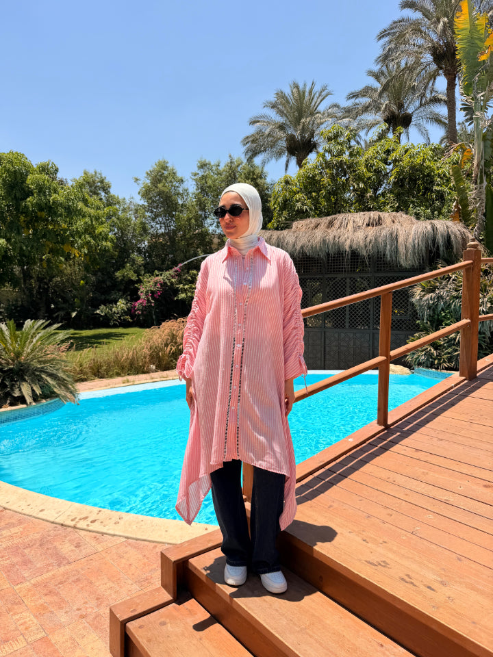 Asymmetrical Strass Linen Shirt-Rose