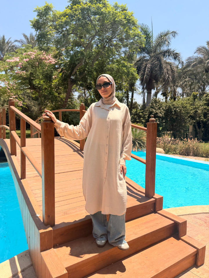 Asymmetrical Strass Linen Shirt -Beige*White