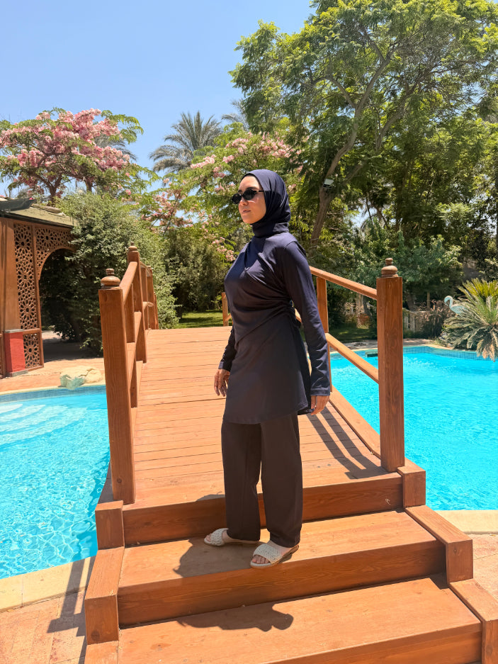 Burkini Draped With Drawstrings -Navy