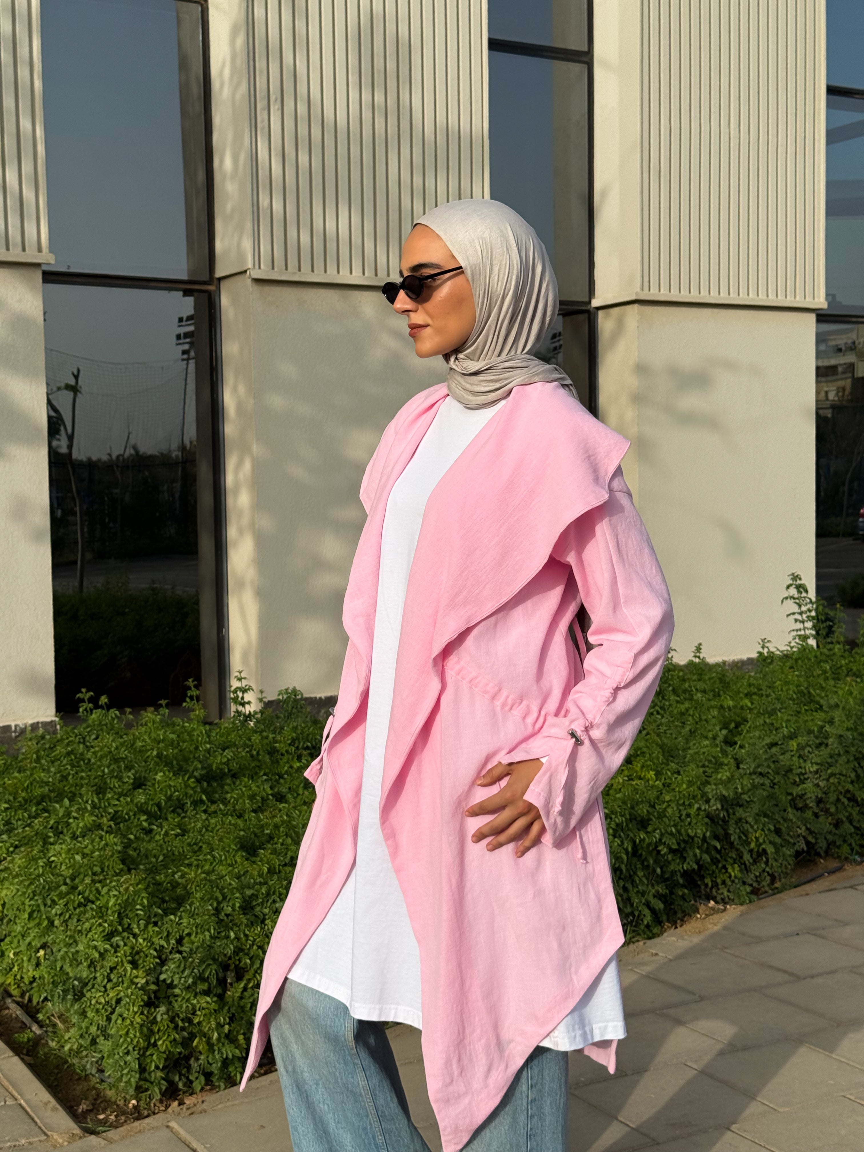 Drawstrings Linen Cardigan -Pink
