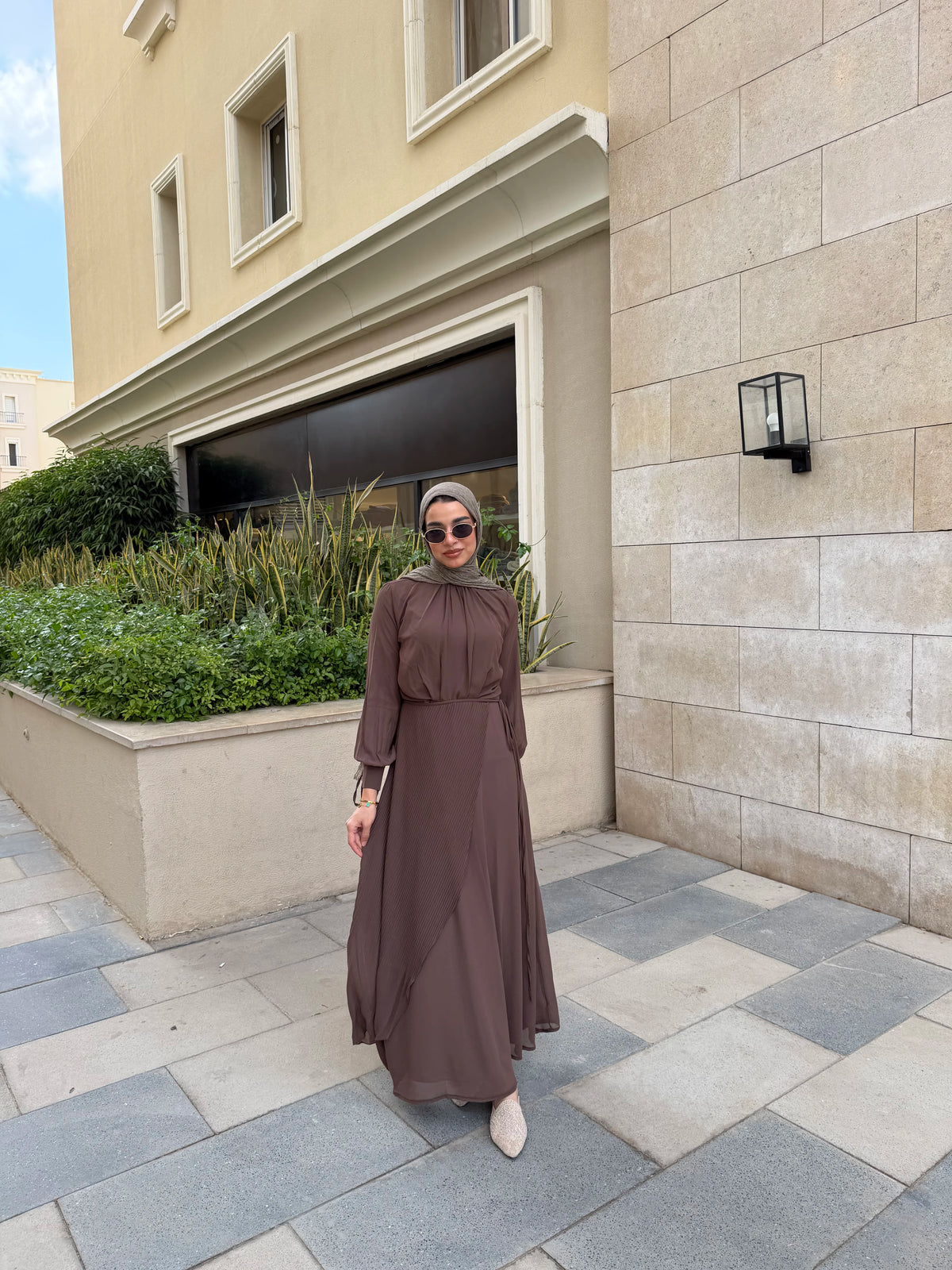 Accordion Wrap Chiffon Dress- brown