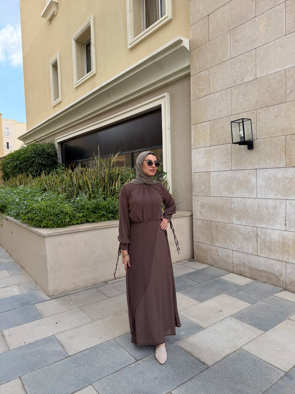 Accordion Wrap Chiffon Dress- brown