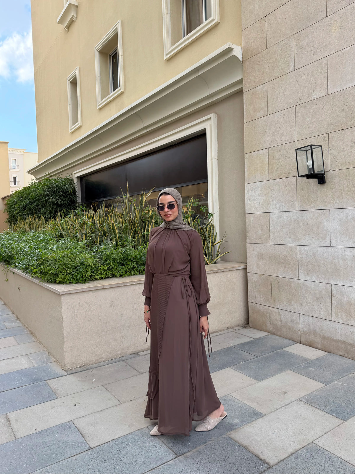 Accordion Wrap Chiffon Dress- brown