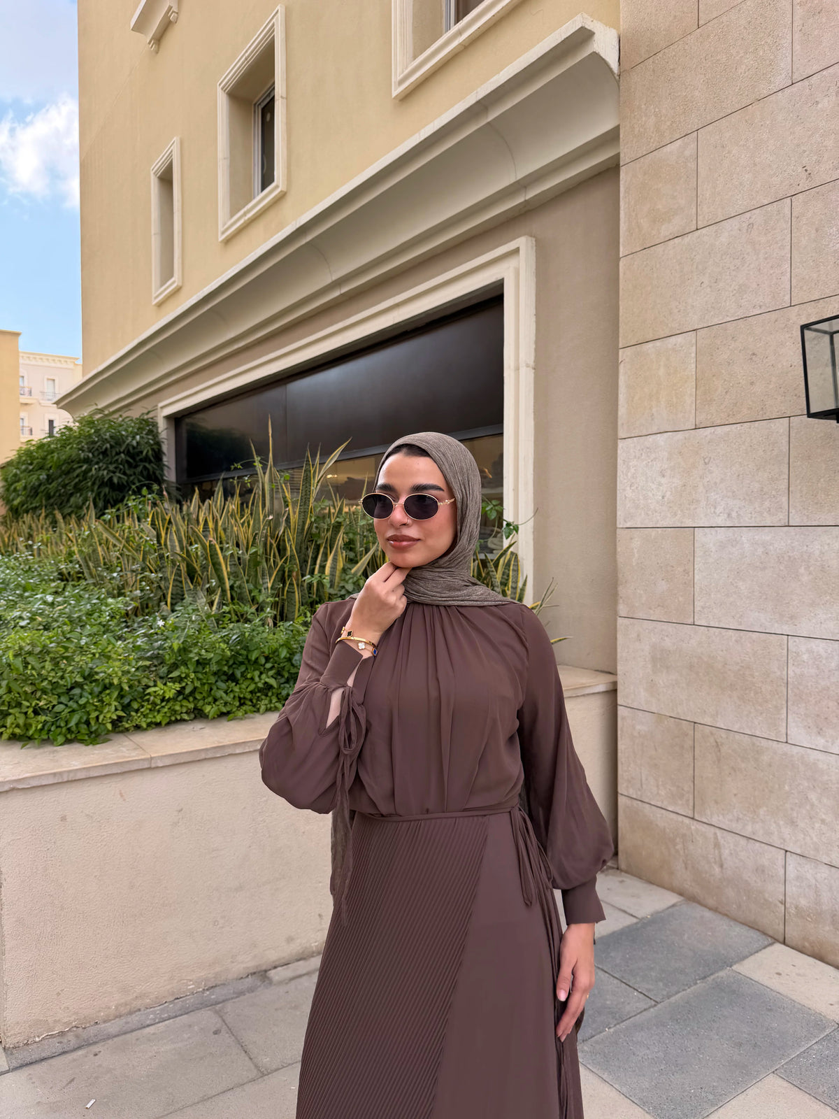 Accordion Wrap Chiffon Dress- brown