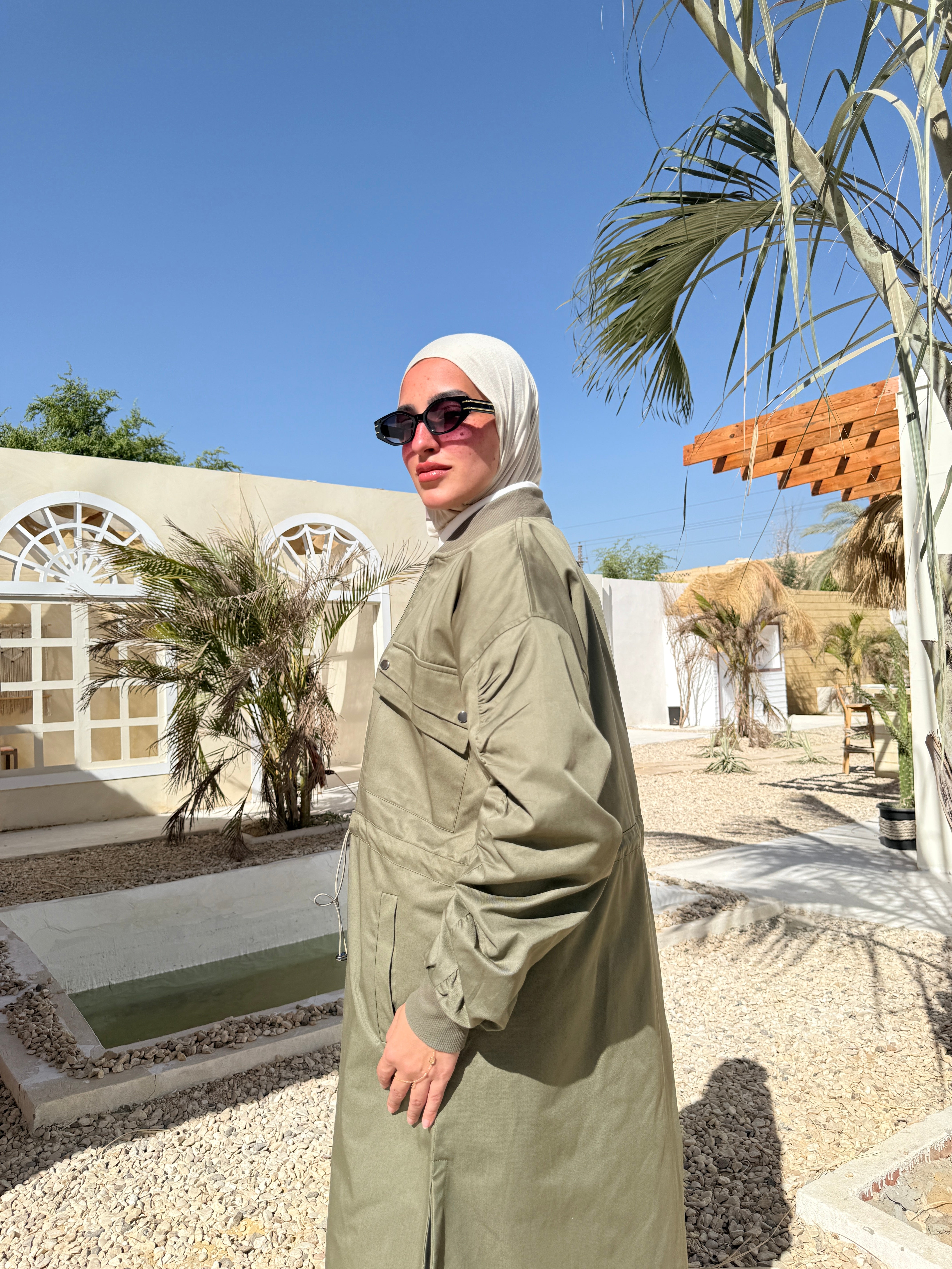 Ruched Sleeves Gabardine Coat - Olive