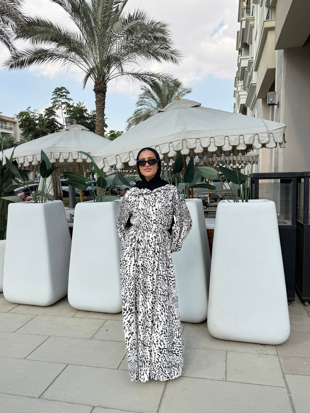 Printed Pleated Dress - Beige*Black