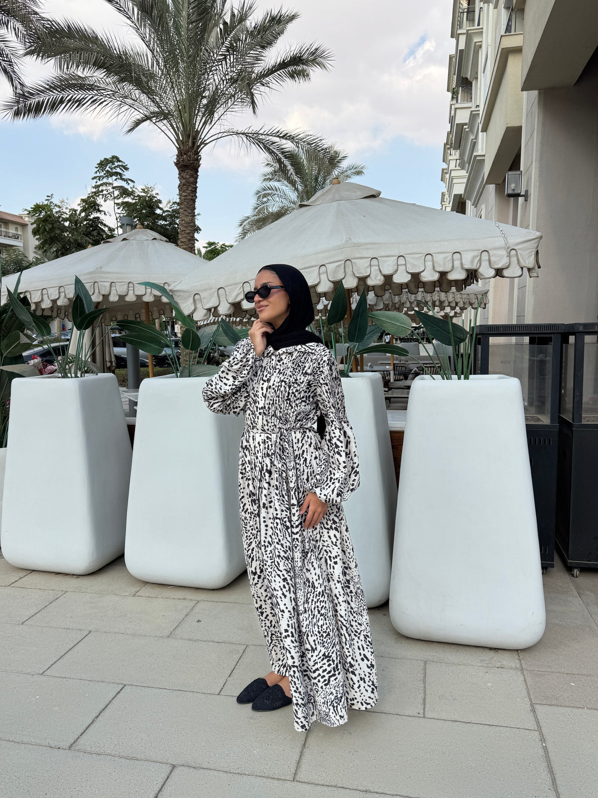 Printed Pleated Dress - Beige*Black