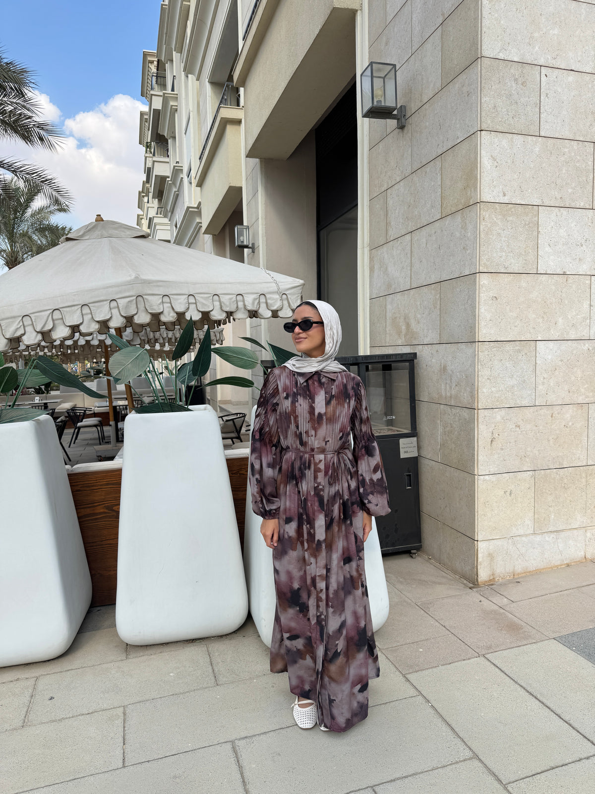 Printed Pleated Dress - Brown