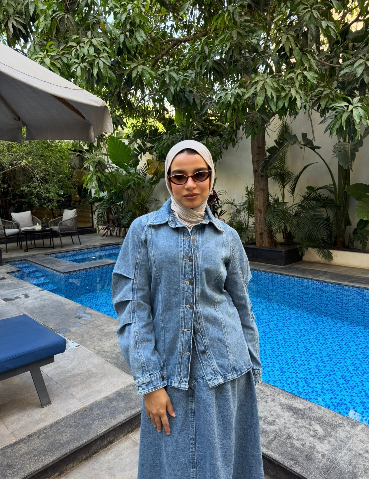 Pleated Sleeves Denim Jacket -Dark Blue