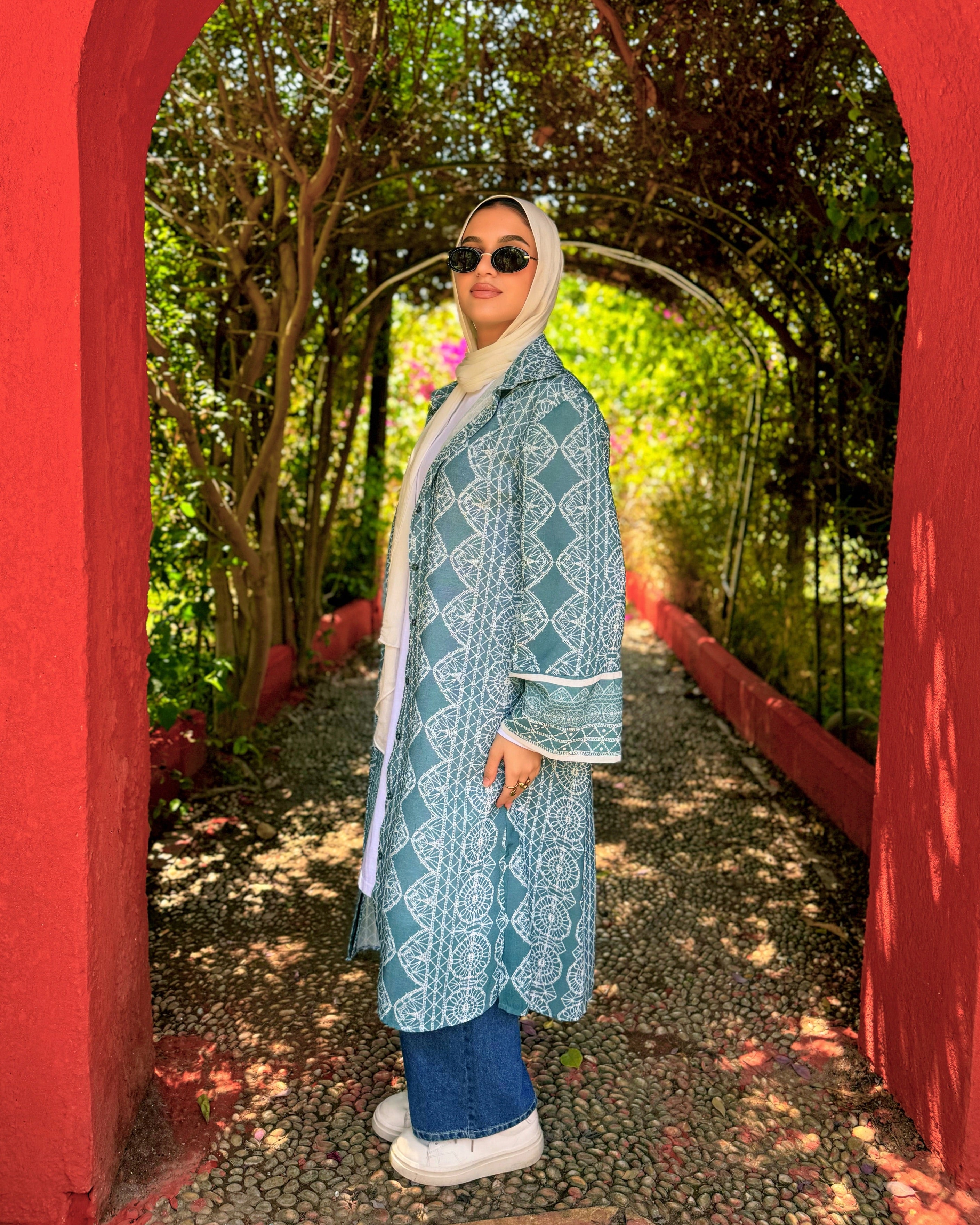 Patterned Linen Shirt - Teal