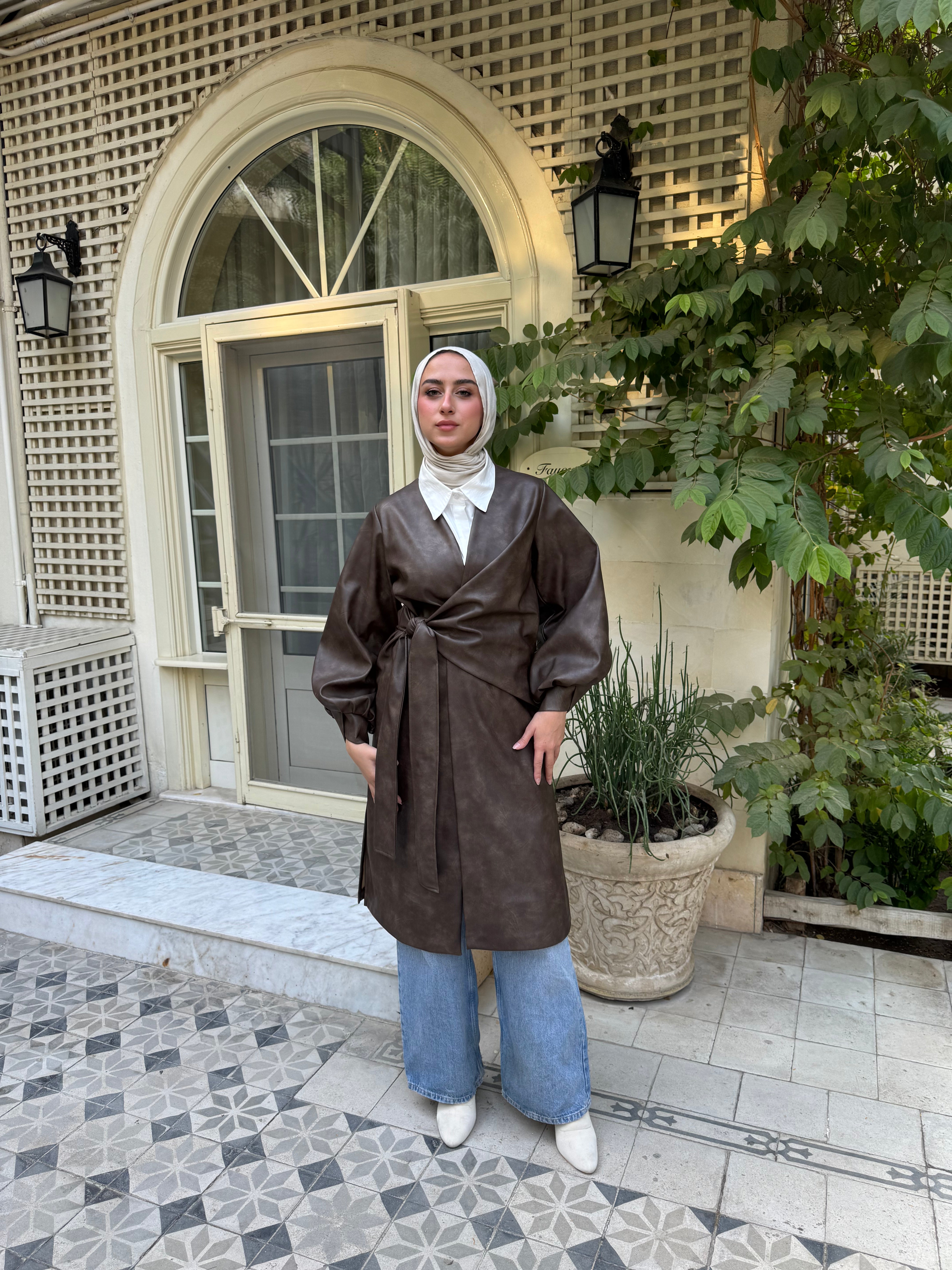Overlap Leather Blouse - Brown
