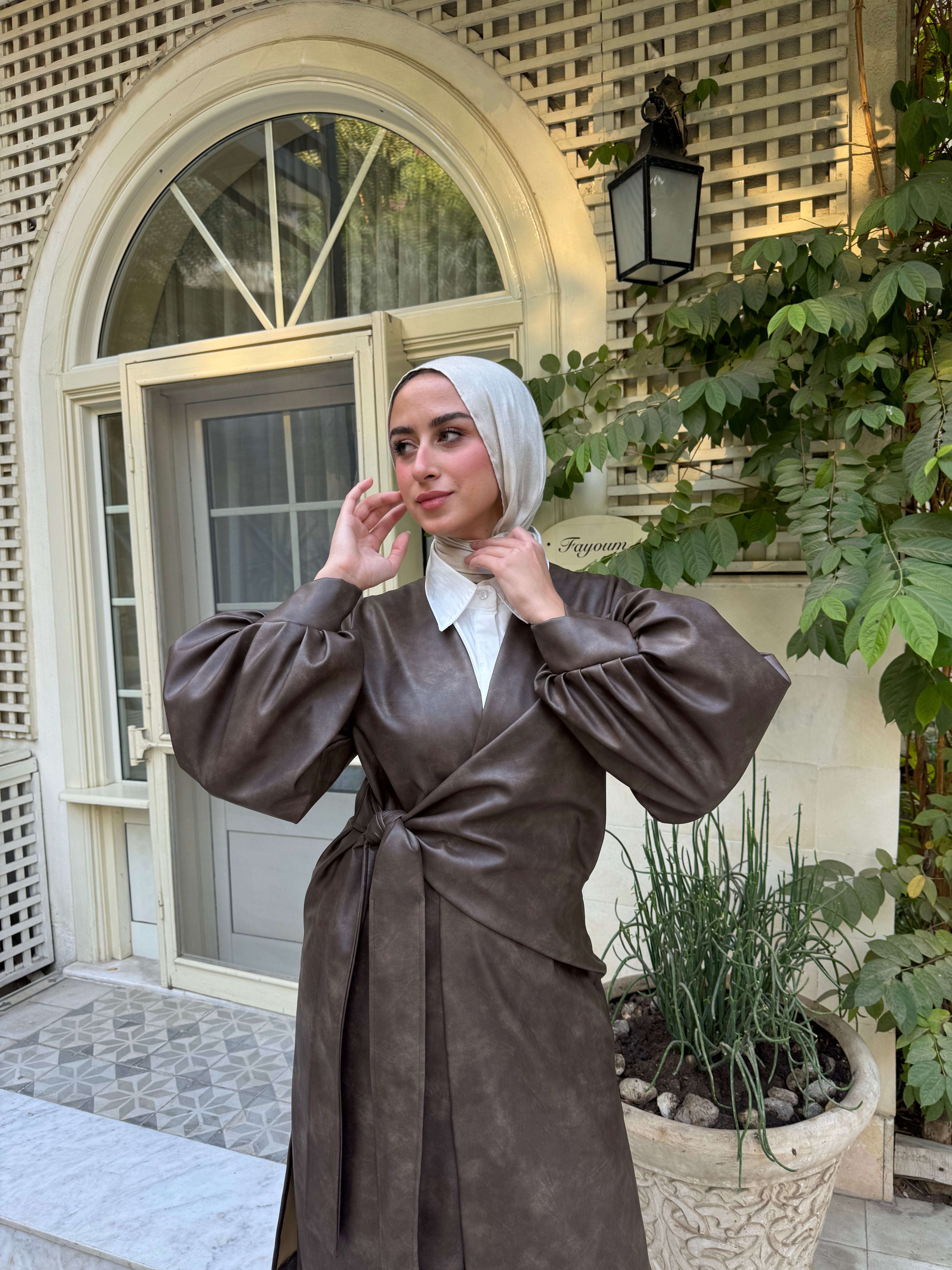 Overlap Leather Blouse - Brown