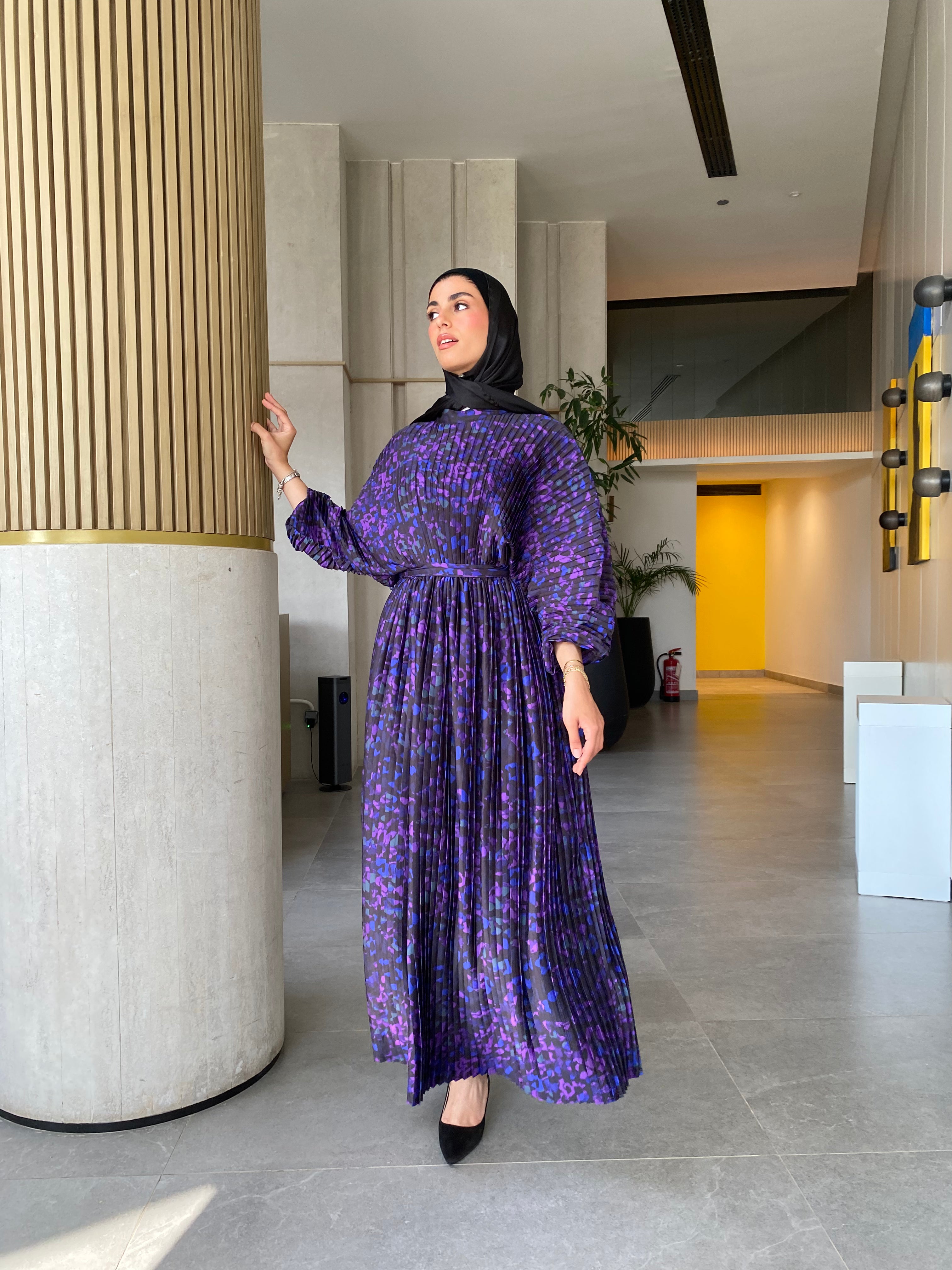 Printed Shell Satin Dress - Purple