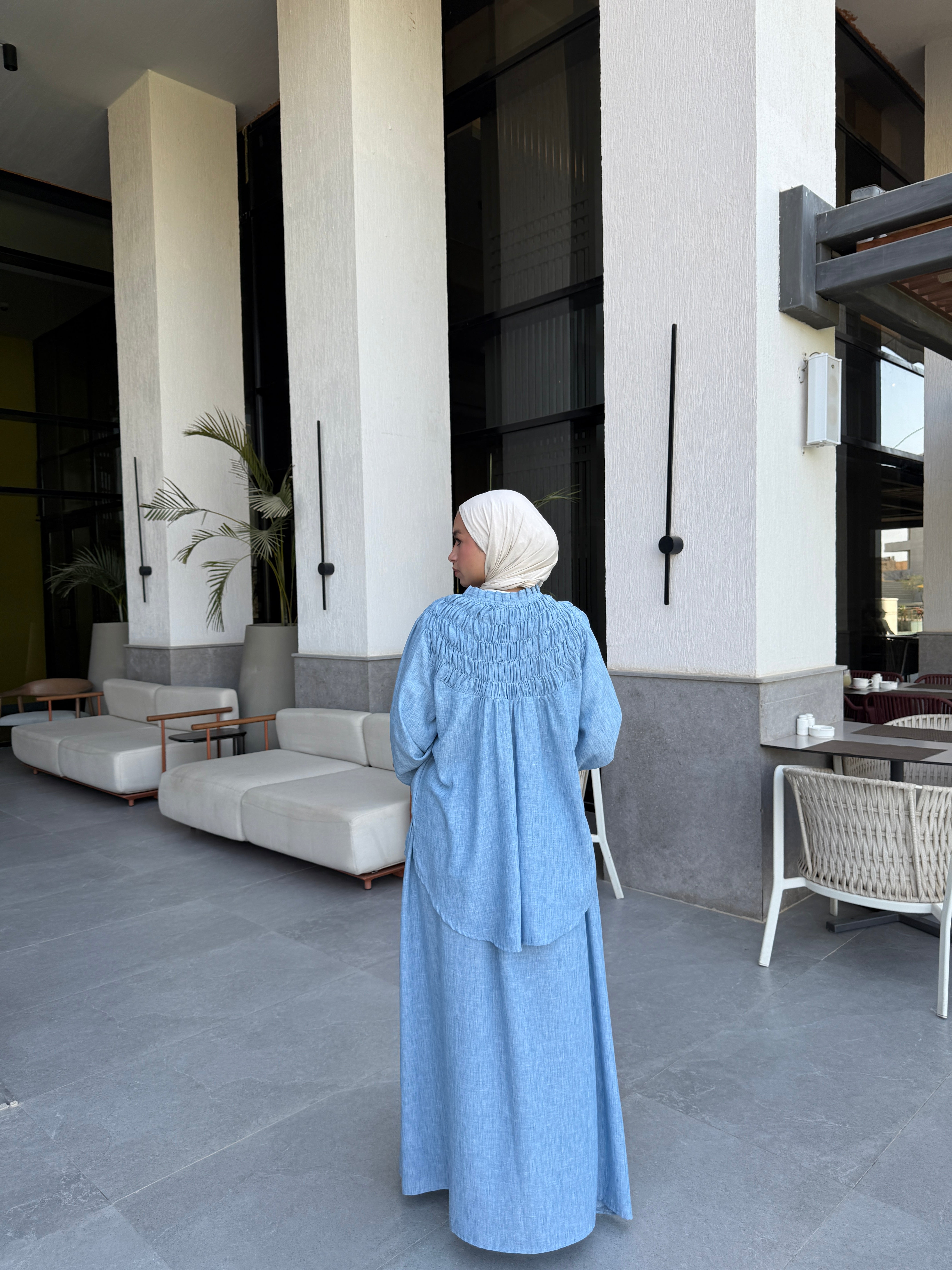 Linen Shirred Blouse - Blue