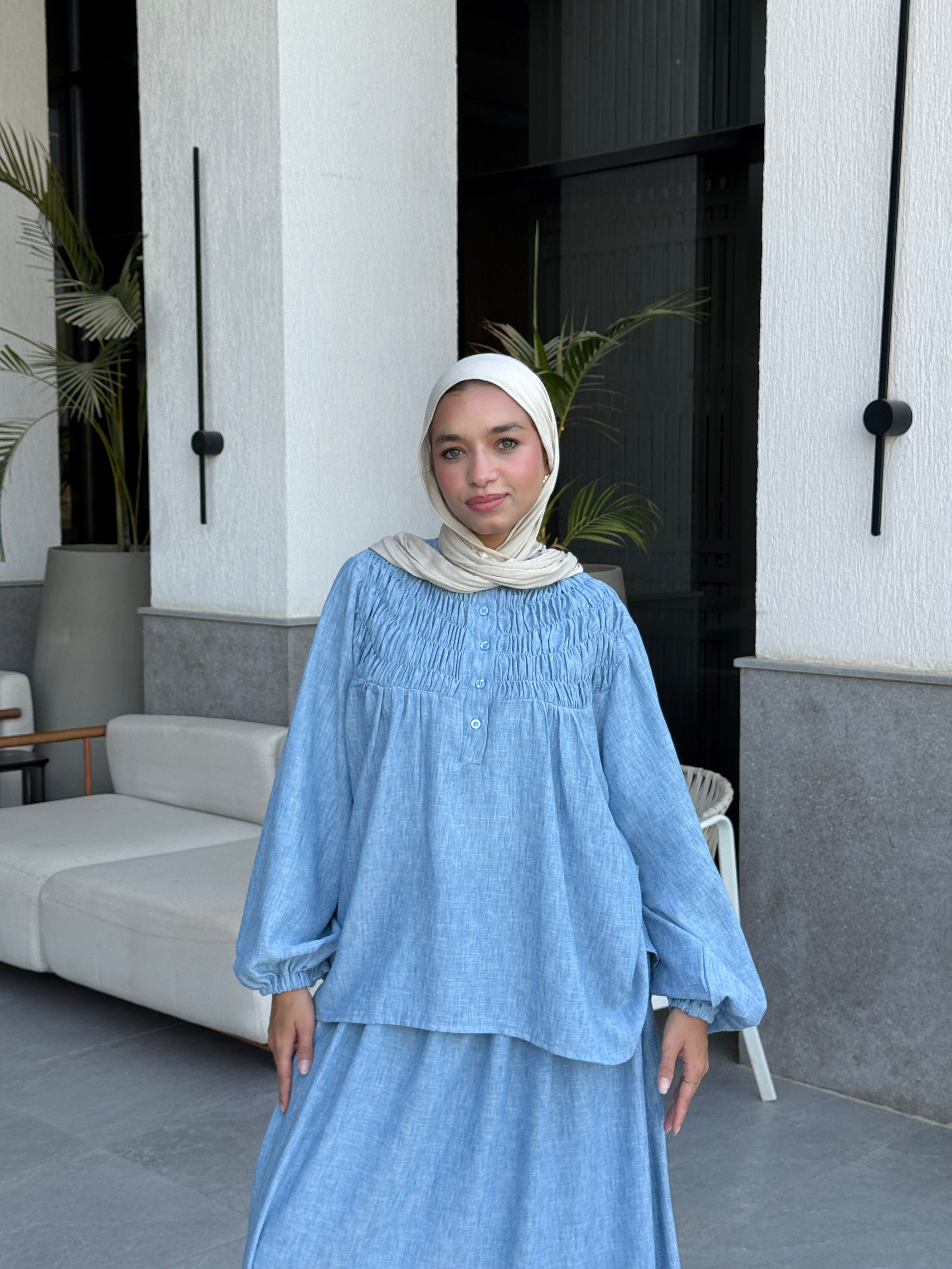 Linen Shirred Blouse - Blue