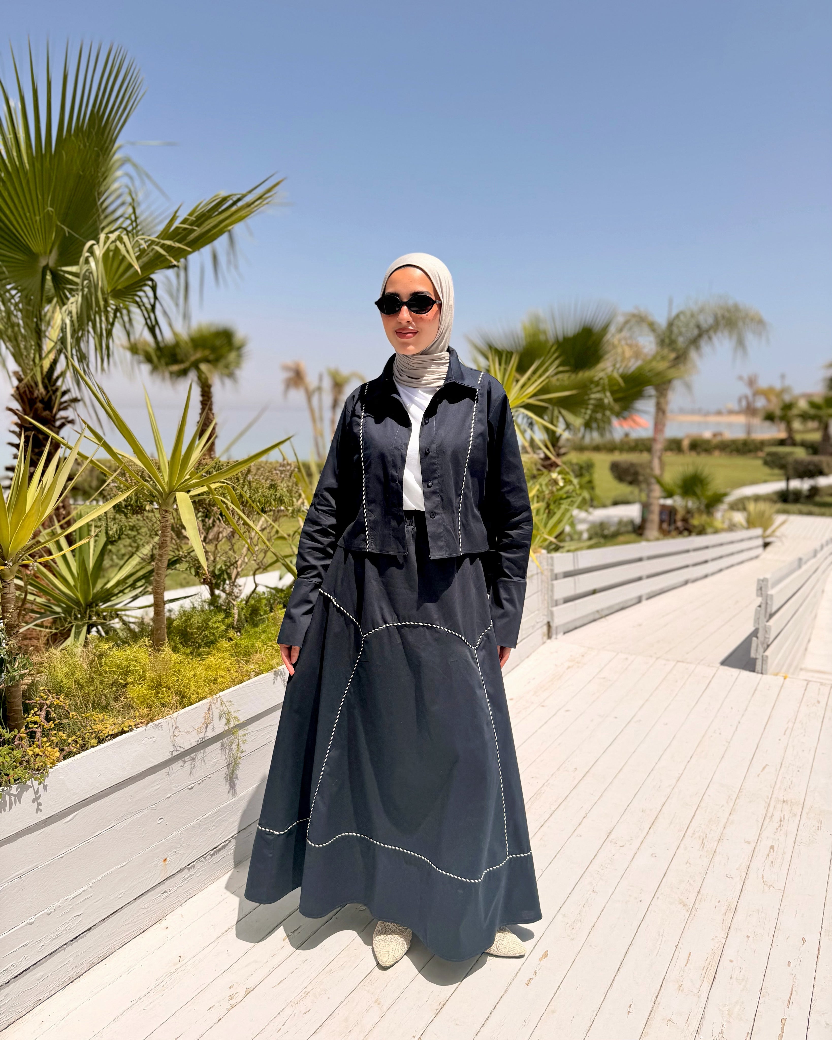 Piped Poplin Skirt-Navy