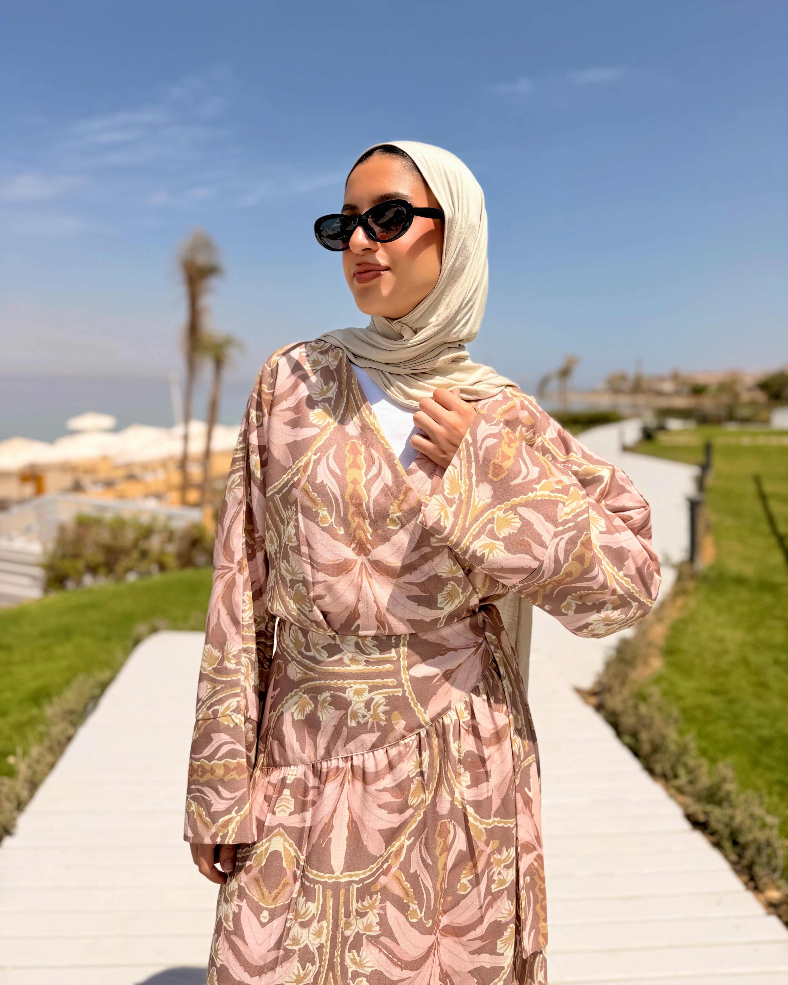 Overlap Printed Linen Dress -Rose