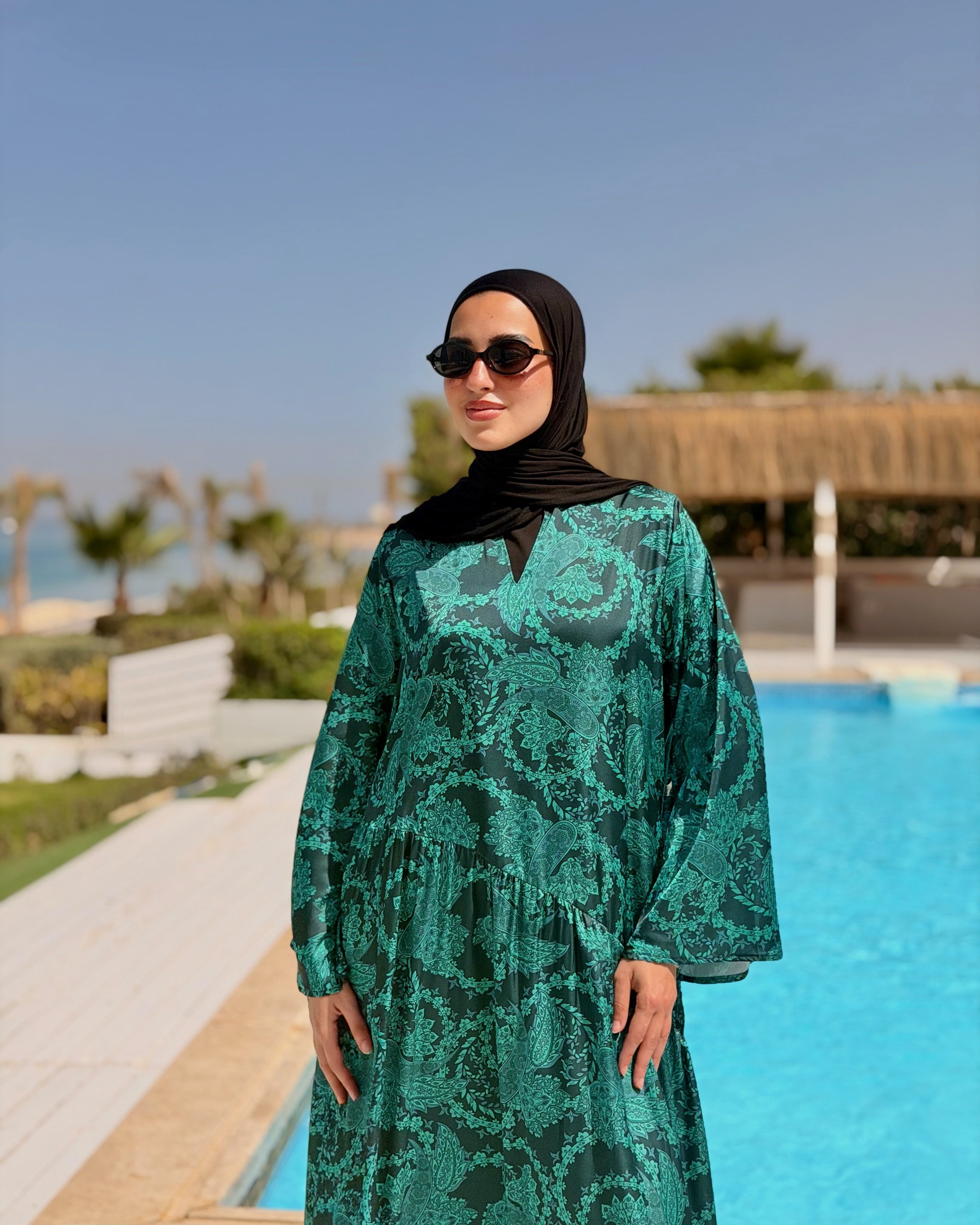 Floral Satin Printed Dress -Green