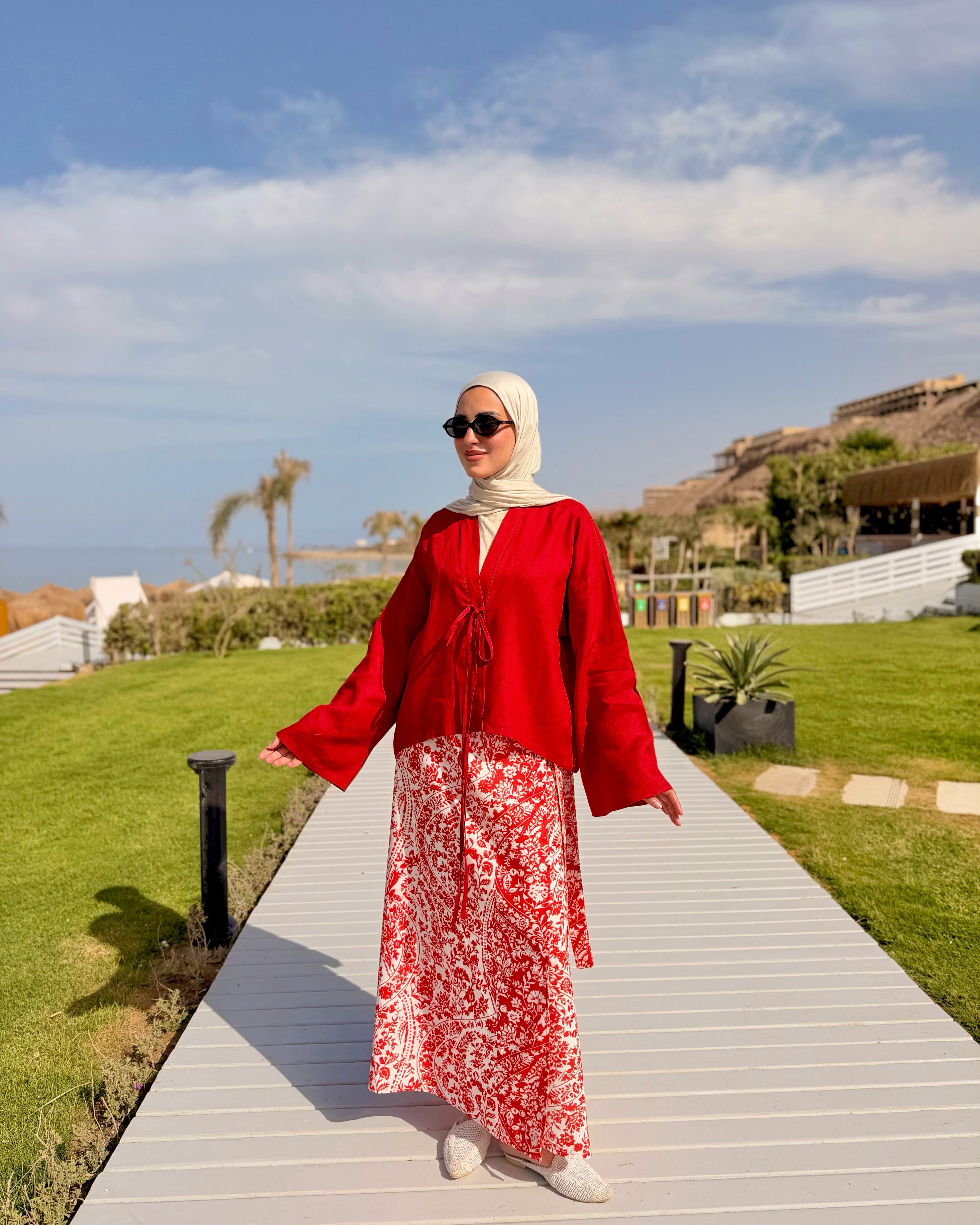 Linen Wrap Skirt-Red