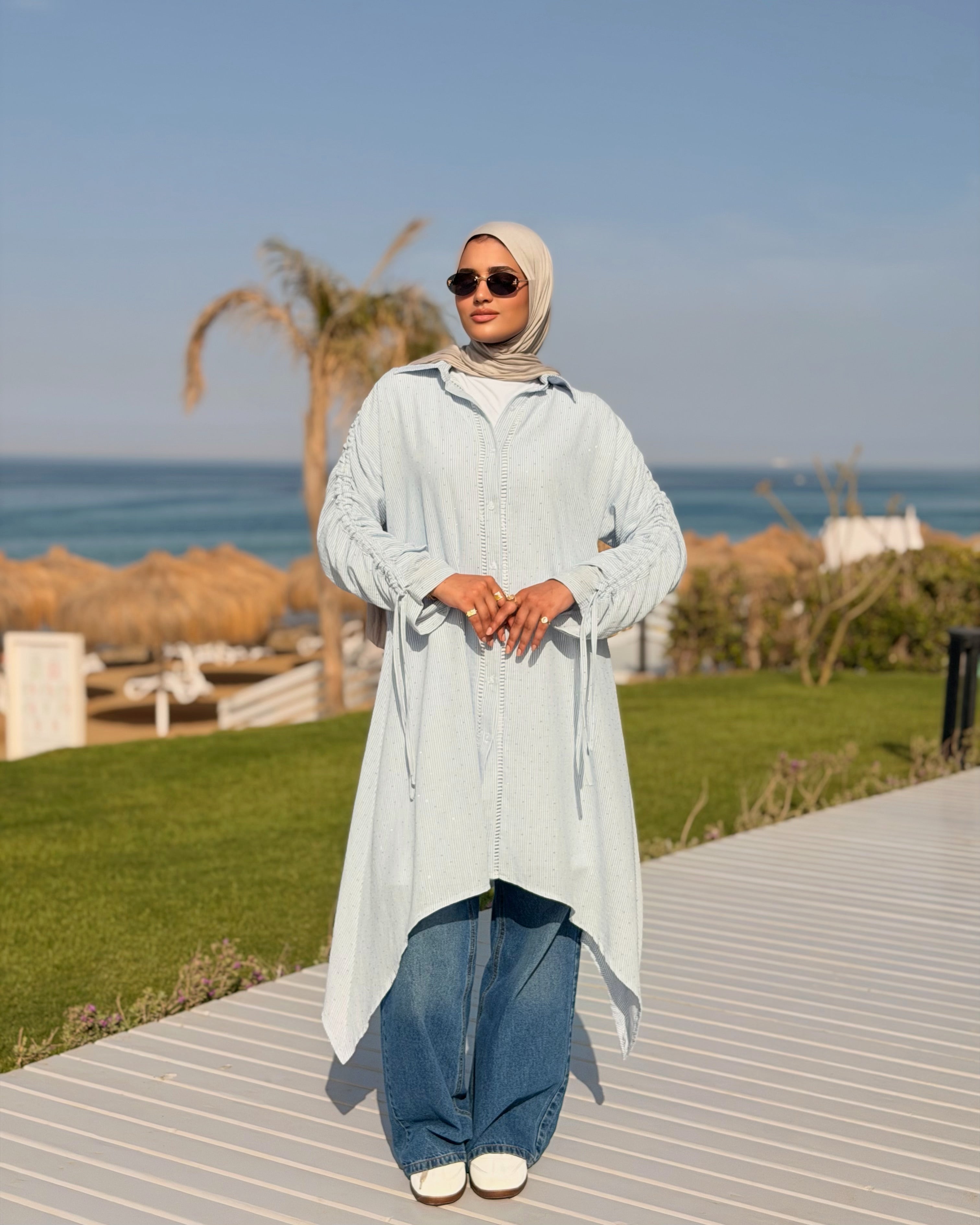 Asymmetrical Strass Linen Shirt -Baby Blue