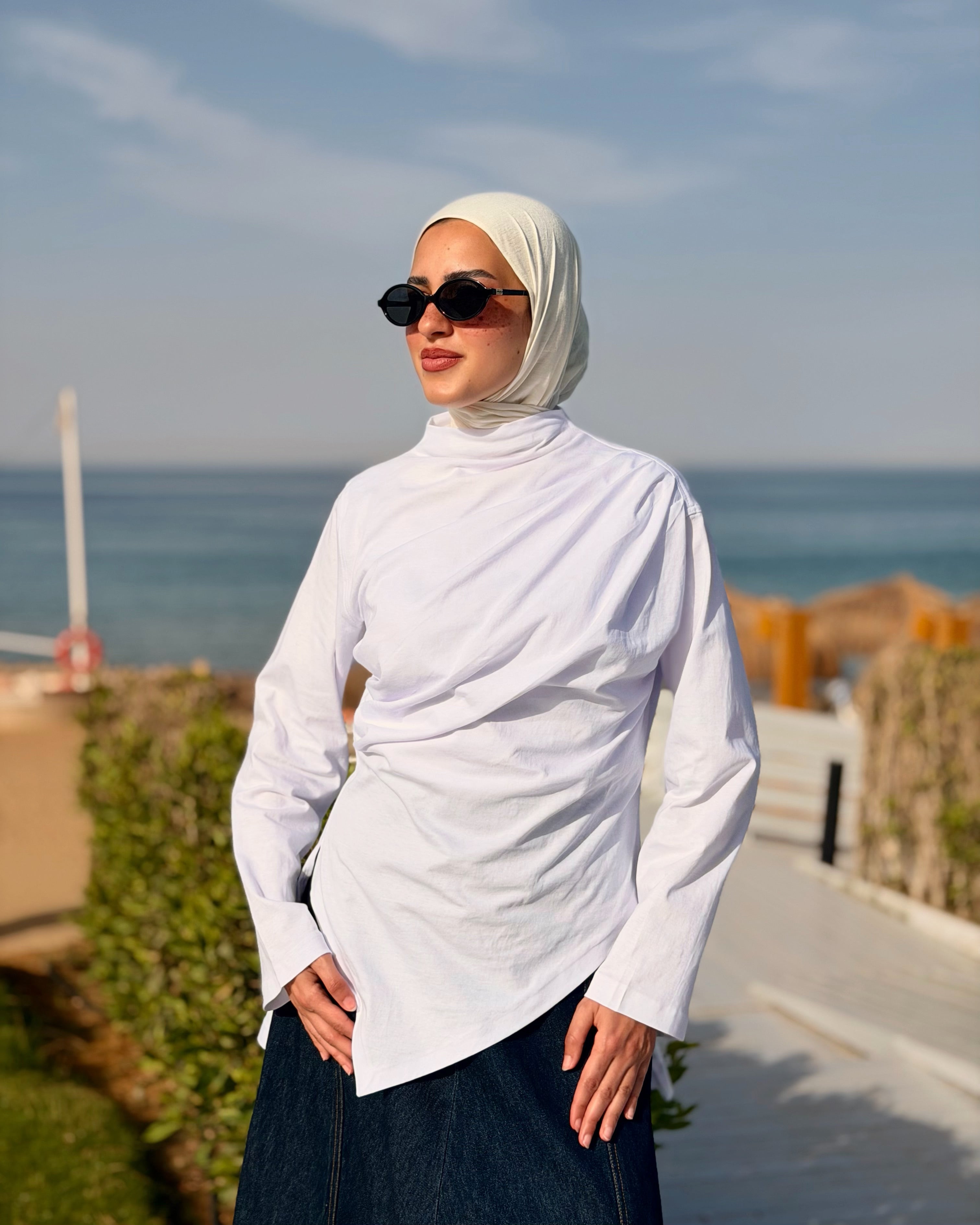 Asymmetric Cotton Blouse -White