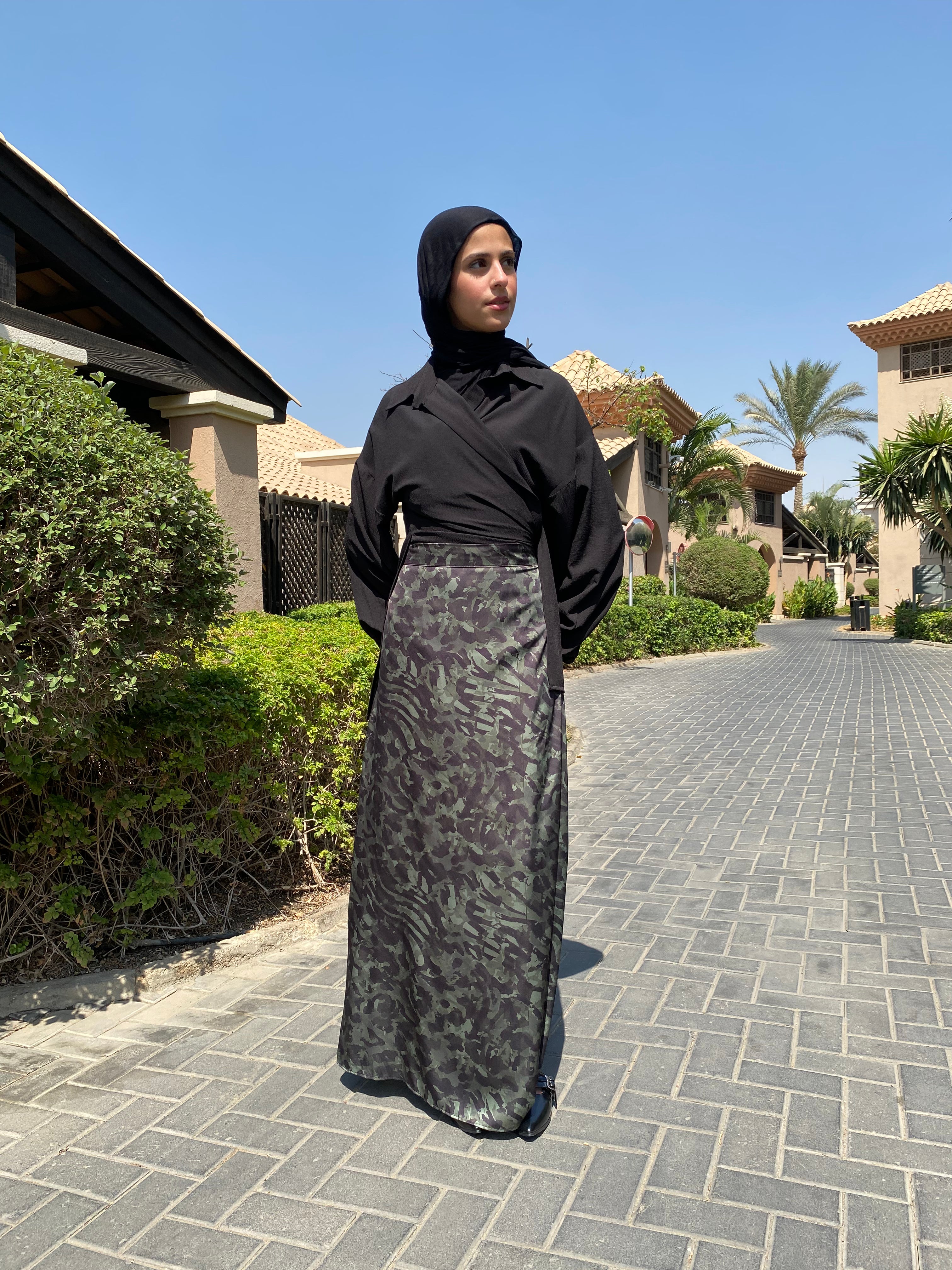 Satin Printed Skirt - Olive