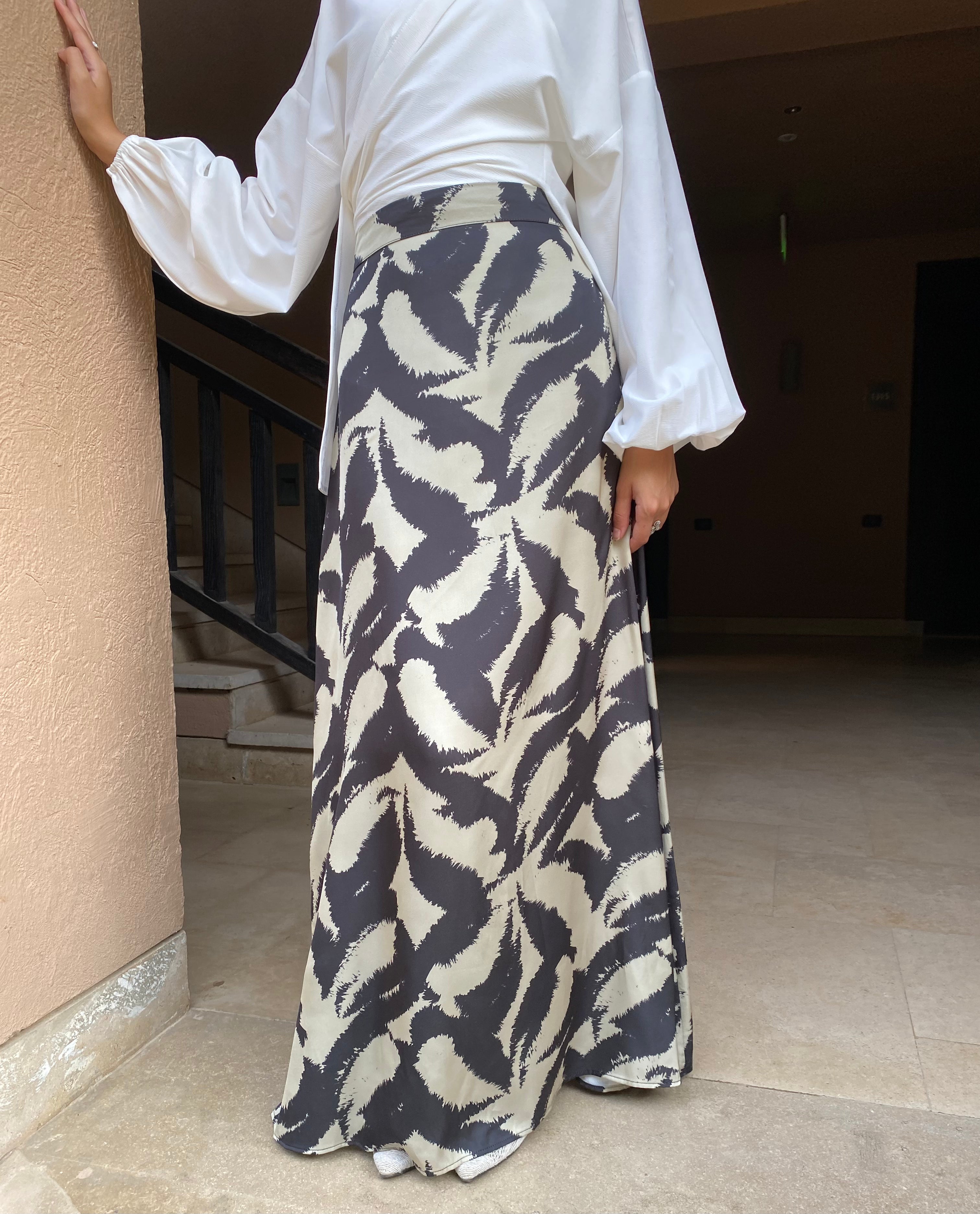 Satin Printed Skirt - Cafe