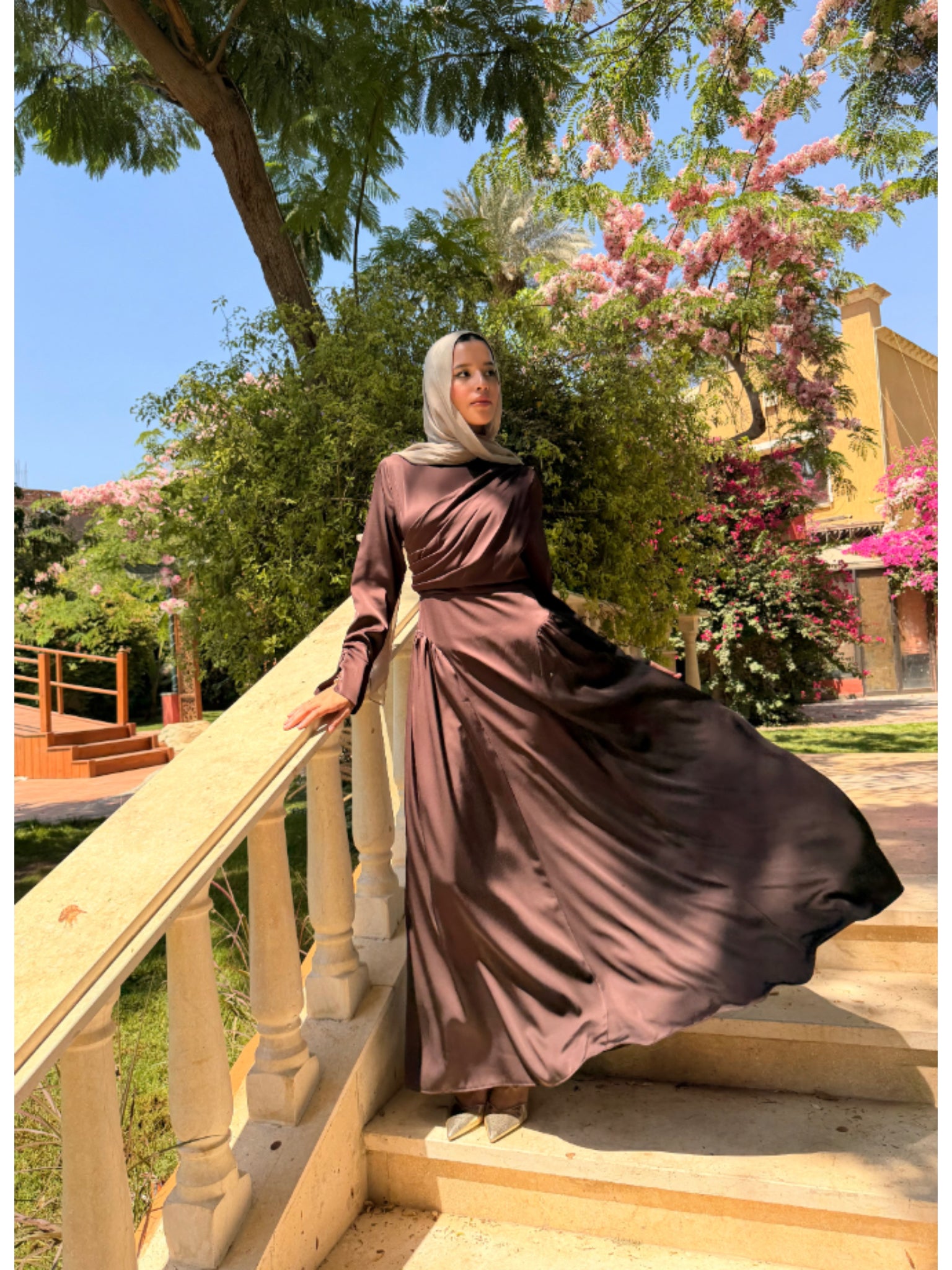 Draped Satin Dress - Brown