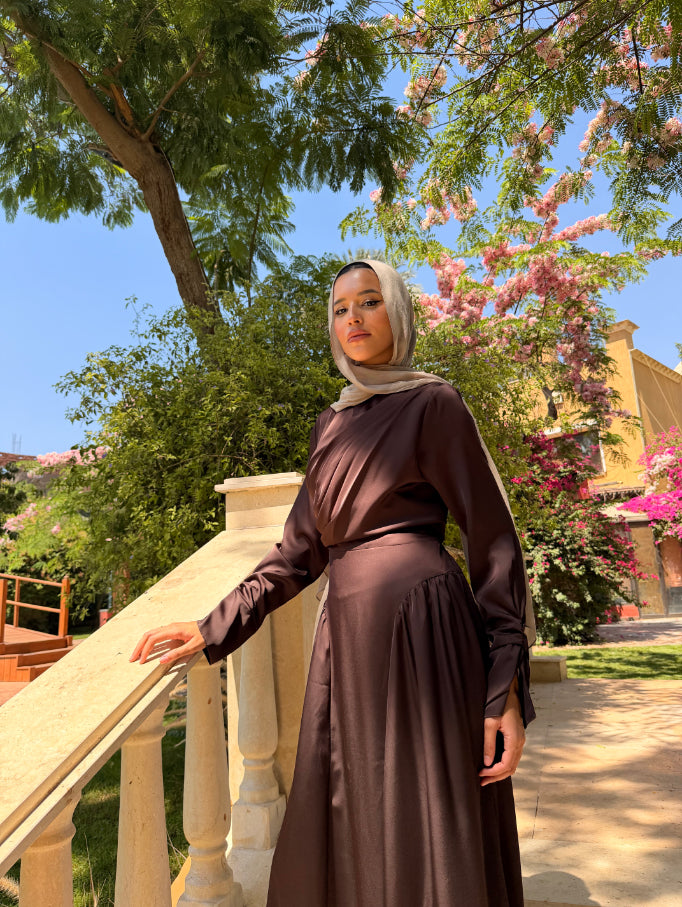 Draped Satin Dress - Brown