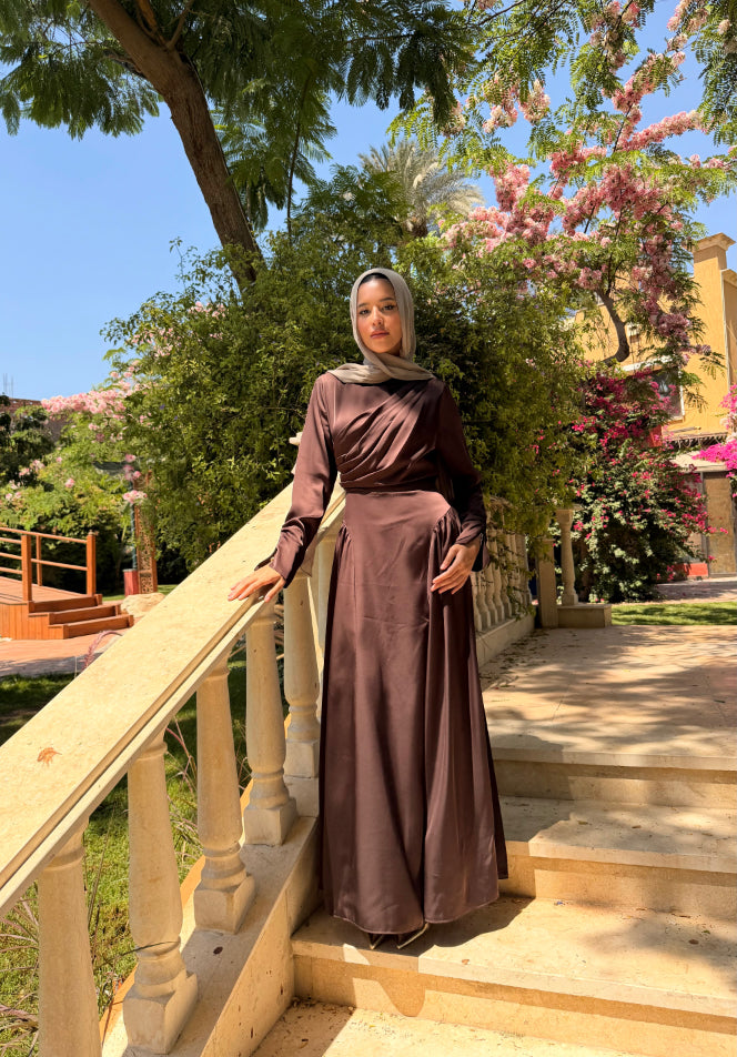 Draped Satin Dress - Brown