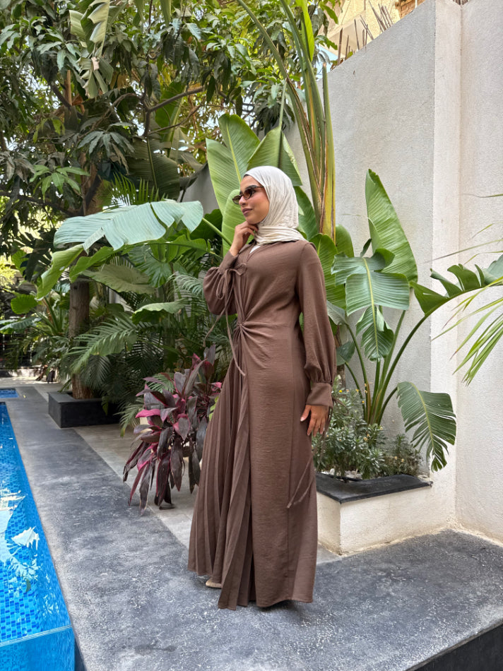 Knot Pleated Dress -Brown