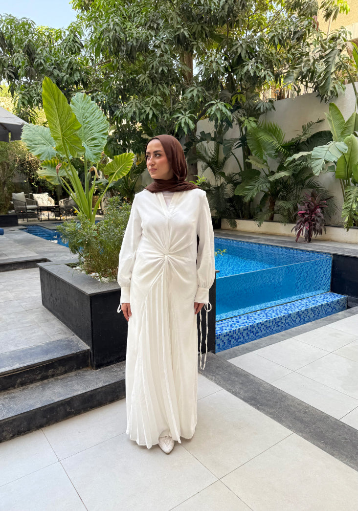 Knot Pleated Dress- White