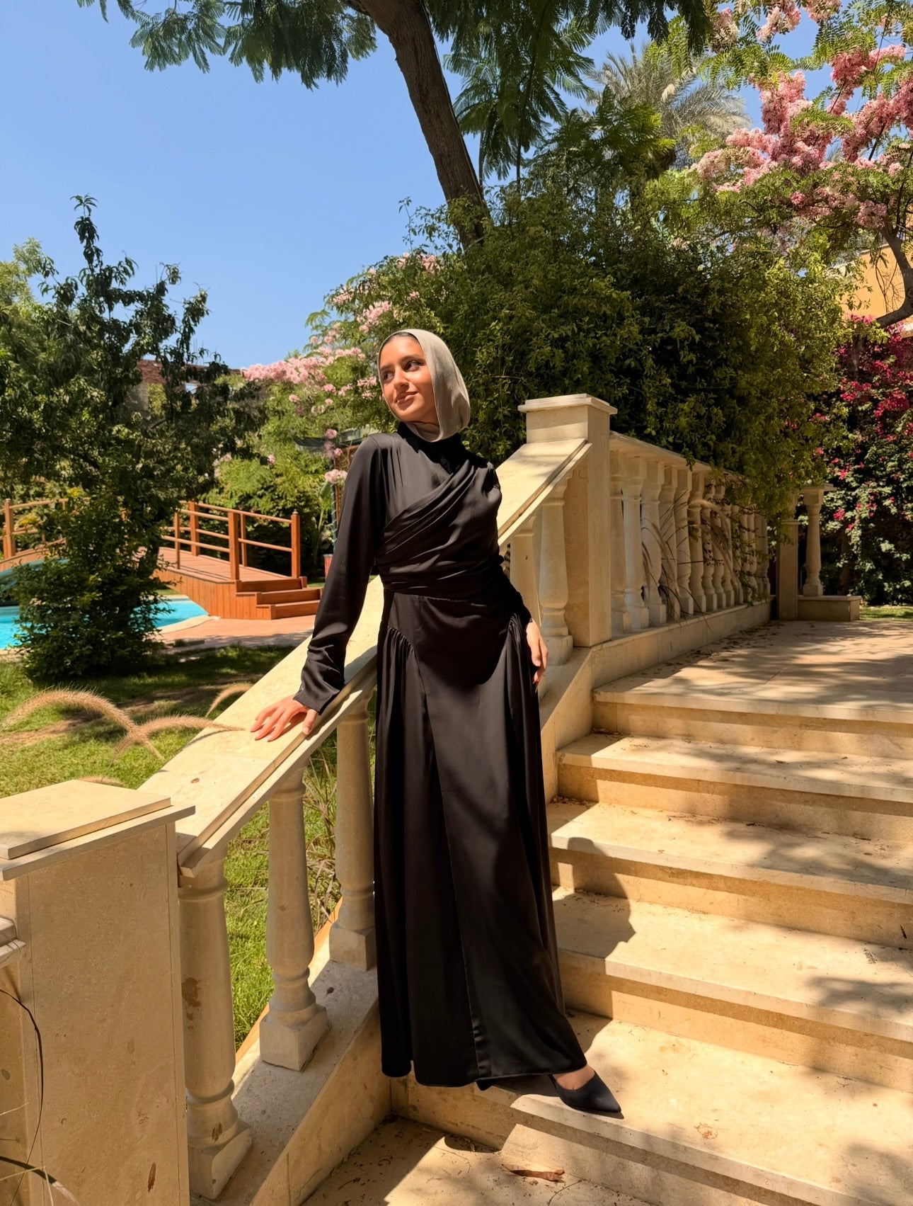 Draped Satin Dress -Black