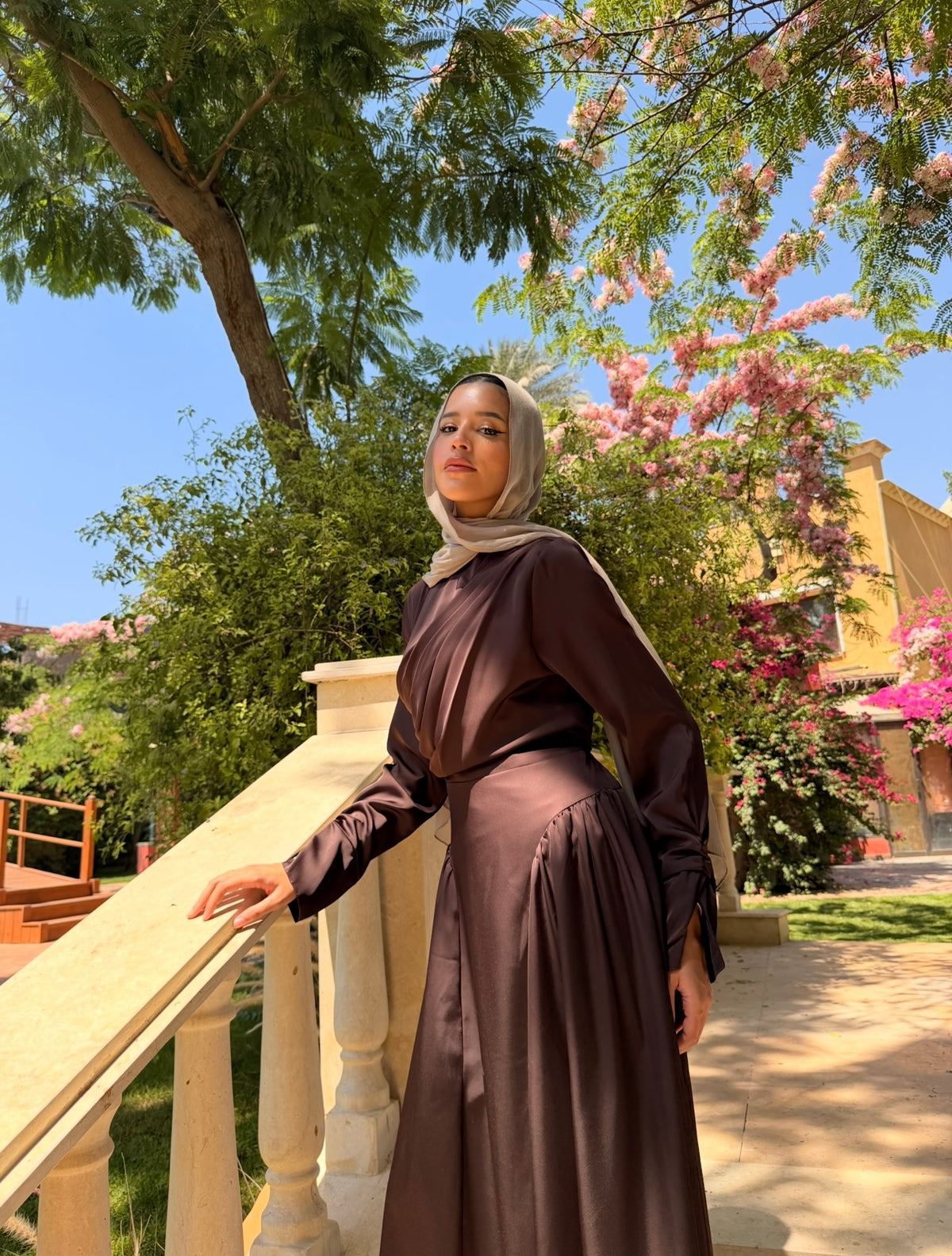 Draped Satin Dress - Brown