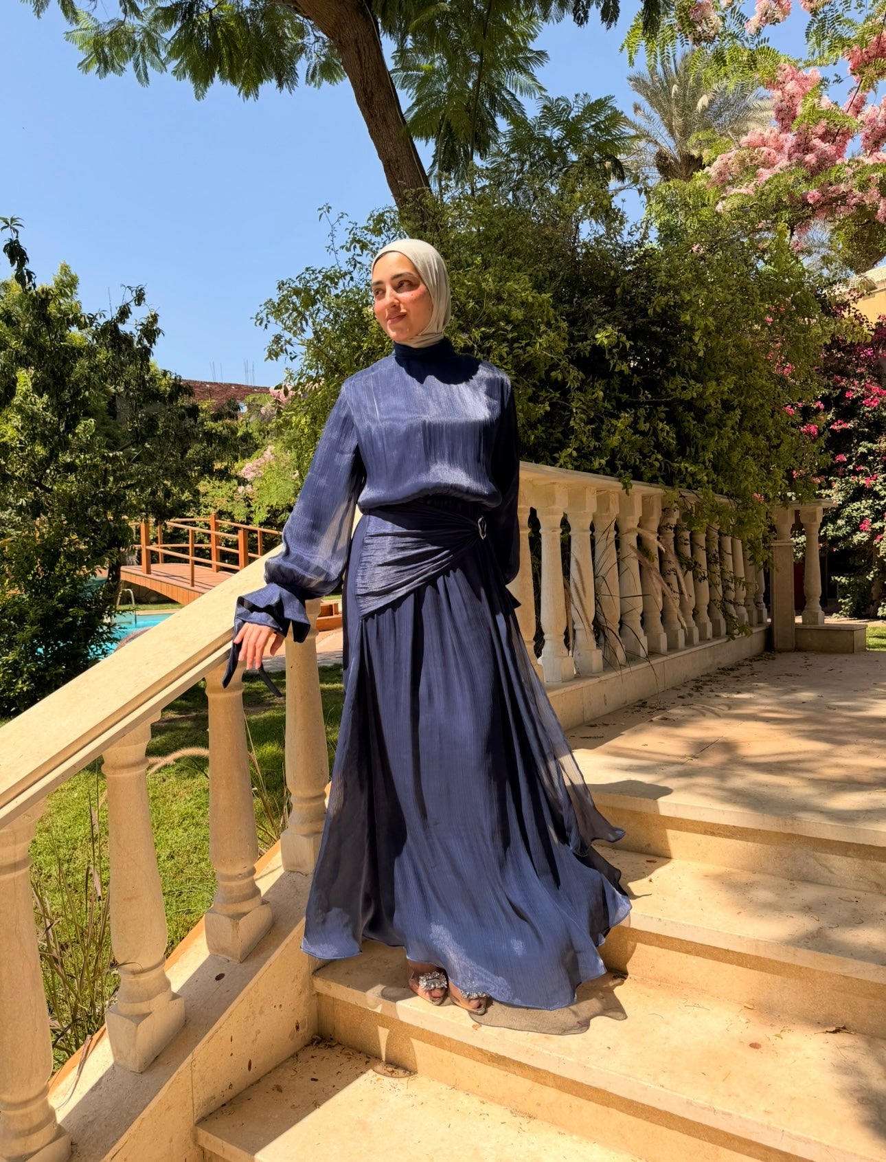 Side Buckle Organza Dress -Dark Blue