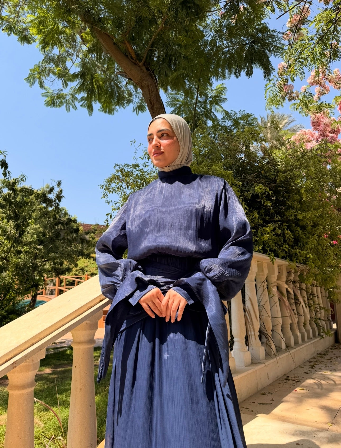 Side Buckle Organza Dress -Dark Blue